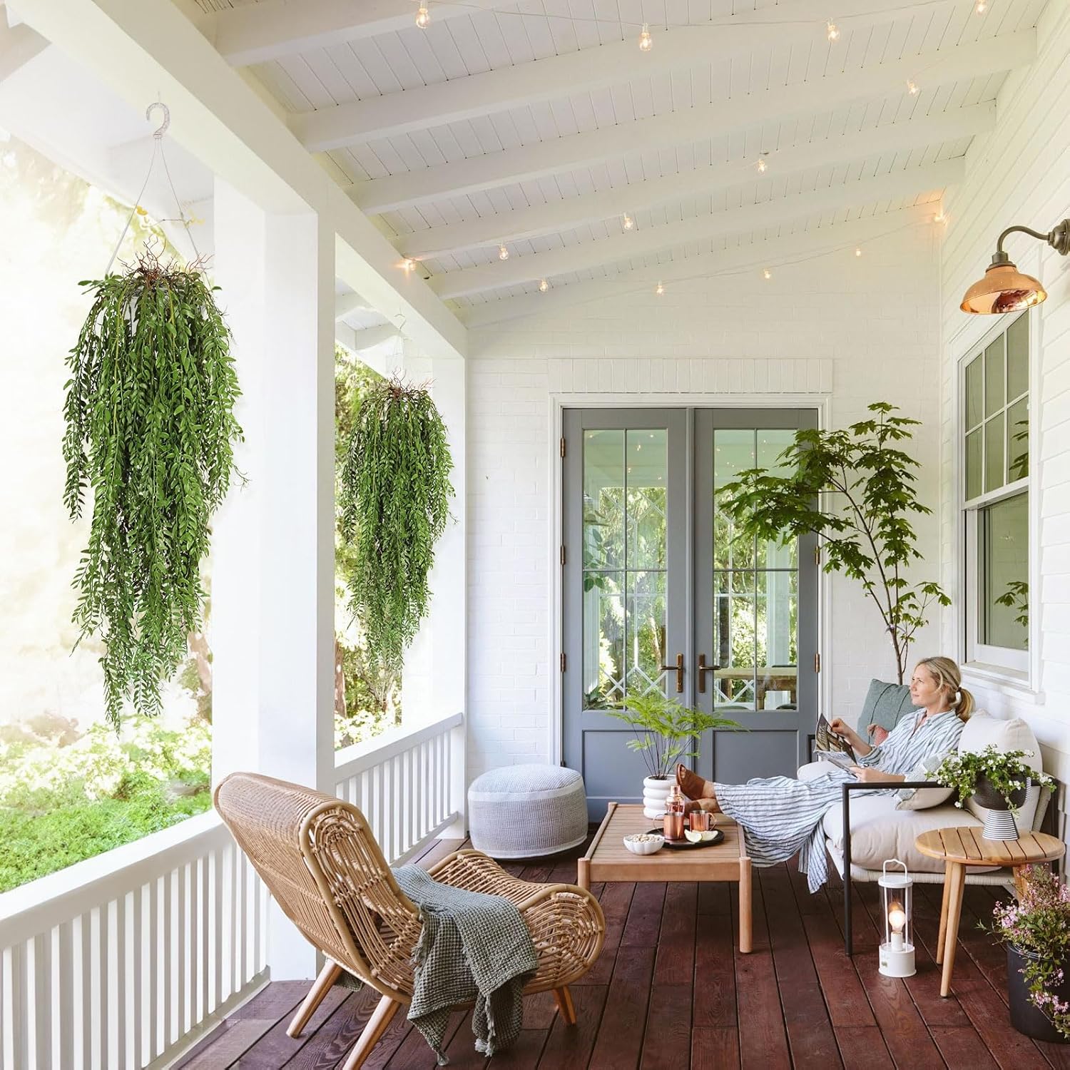 RECUTMS 2 Pcs Hanging Fake Plants Faux Ferns Ivy Willow Vine Leaves Wall Greenery Artificial Vine UV Resistant Plastic Home Garden Wedding Party Indoor Outdoor Decorations(Green)