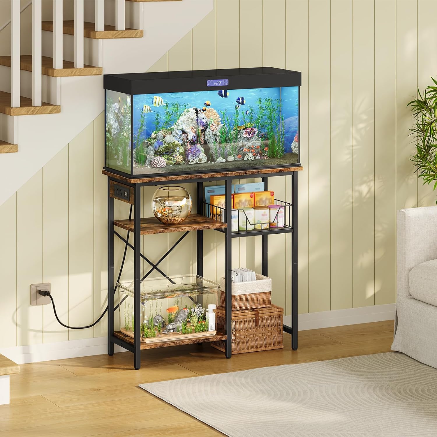Fish Tank Stand with Power Outlet, Aquarium Stand with Wire Storage Basket, 10-15 Gallon Reptile Tank Stand with Shelves, Aquarium Table, for Home, Office, Rustic Brown and Black TCW78UBF