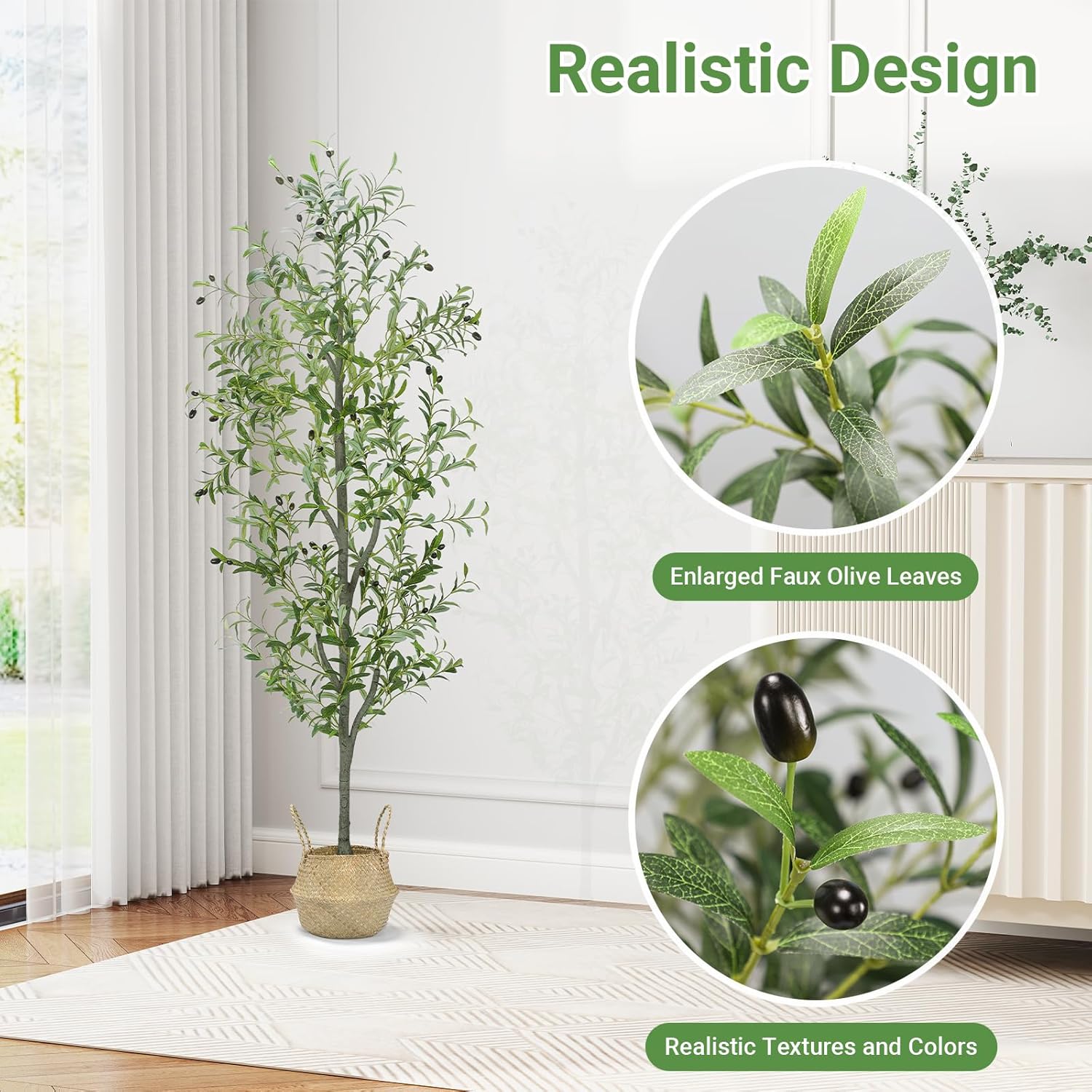 Faux Olive Tree 6FT Silk Plant Artificial Indoor, 6 FT Fake Potted Olive with Wicker Basket Planter, Tall Artificial Olive Trees with Natural Wood Trunk & Fruits for Home Office, 6 Feet (72")