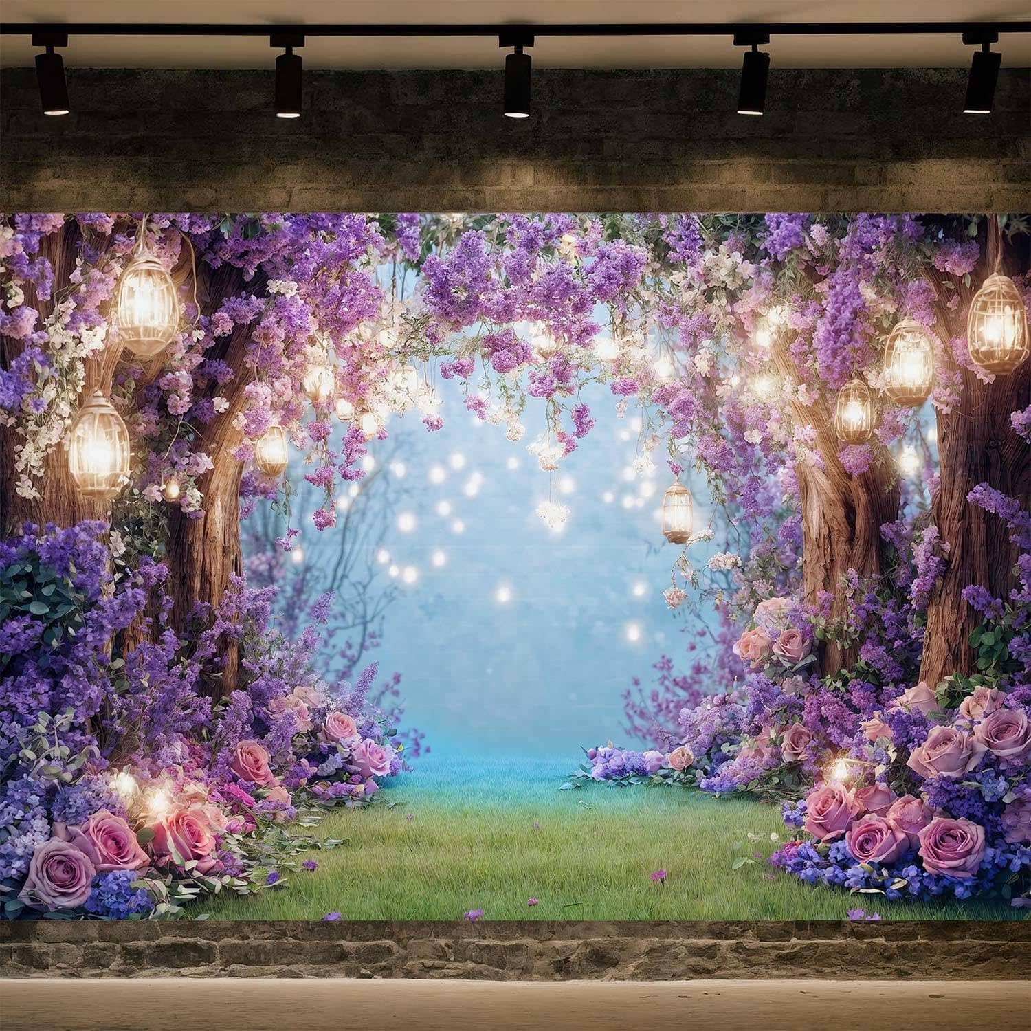 12X8ft Purple Flower Wall Backdrop Floral Arch Fairy Lights Romantic Background for Bridal Shower Birthday Party Anniversary Ceremony Props for Portrait Photo Studio Booth Decorations