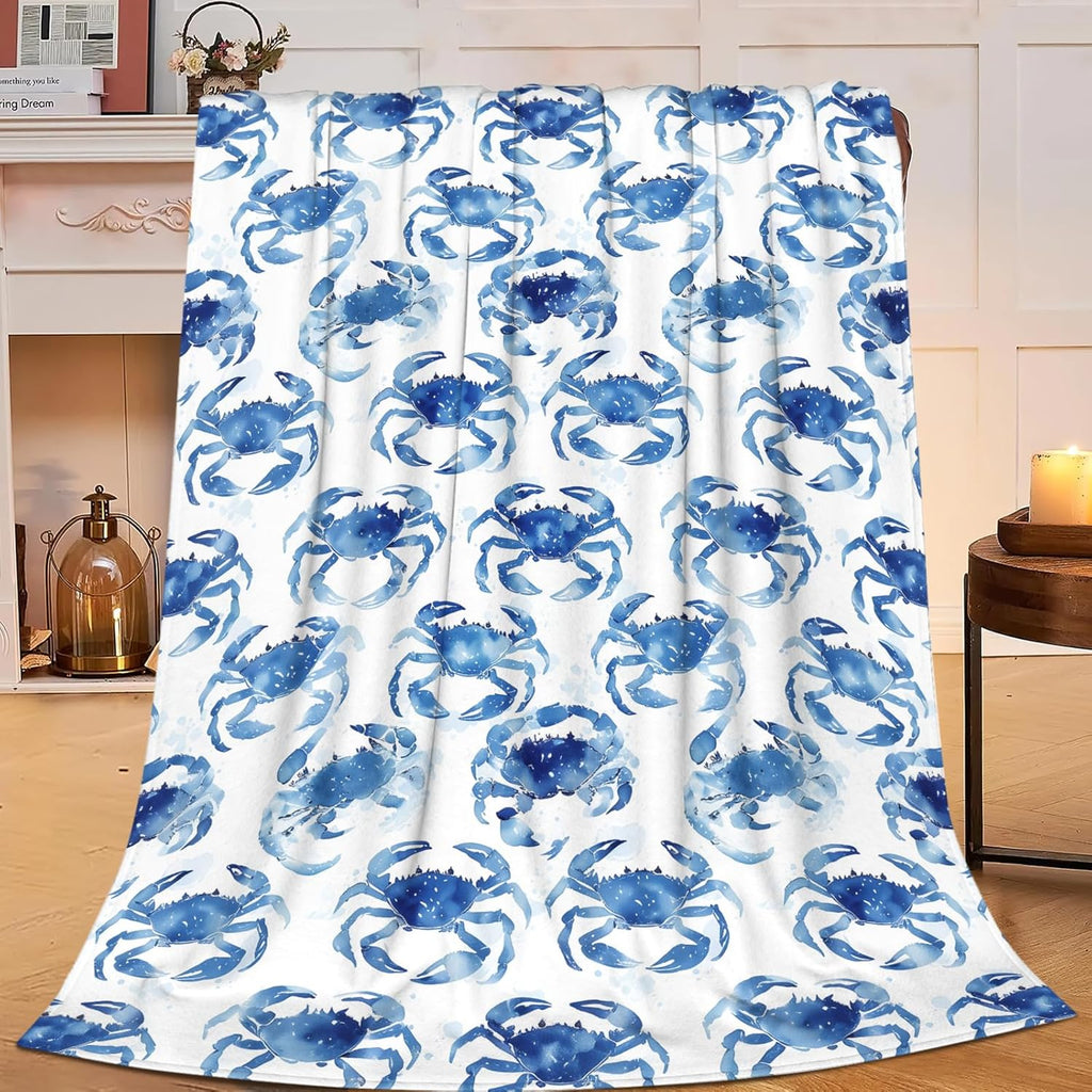 Crab Throw Blanket Nautical Ocean Beach Coastal Print Throw Blankets Gifts for Couch Sofa Bed Stuff Decor Lightweight Soft Cozy Fleece Plush Warm Flannel Bedding for Lover Men Women 60"x80"