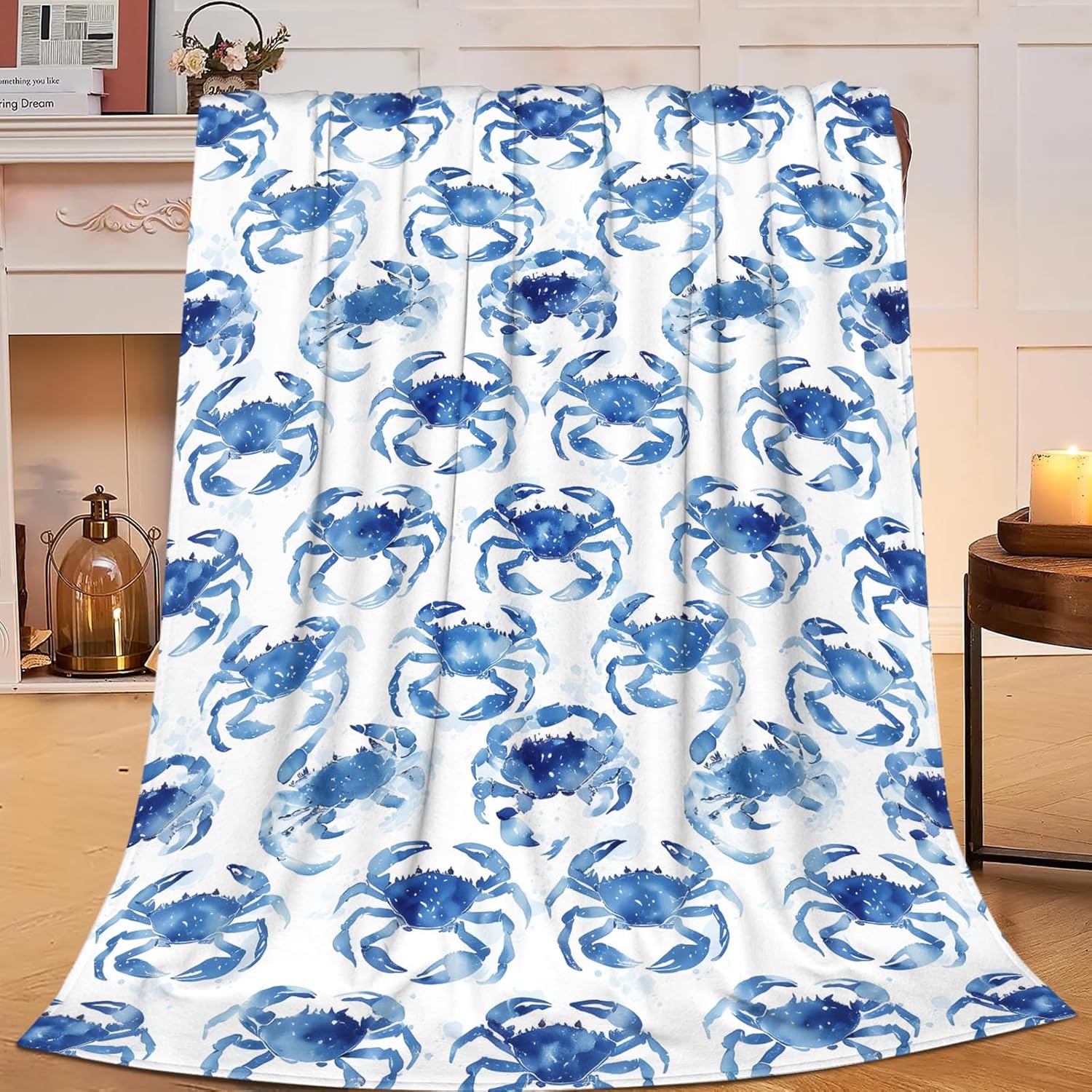 Crab Throw Blanket Nautical Ocean Beach Coastal Print Throw Blankets Gifts for Couch Sofa Bed Stuff Decor Lightweight Soft Cozy Fleece Plush Warm Flannel Bedding for Lover Men Women 60"x80"