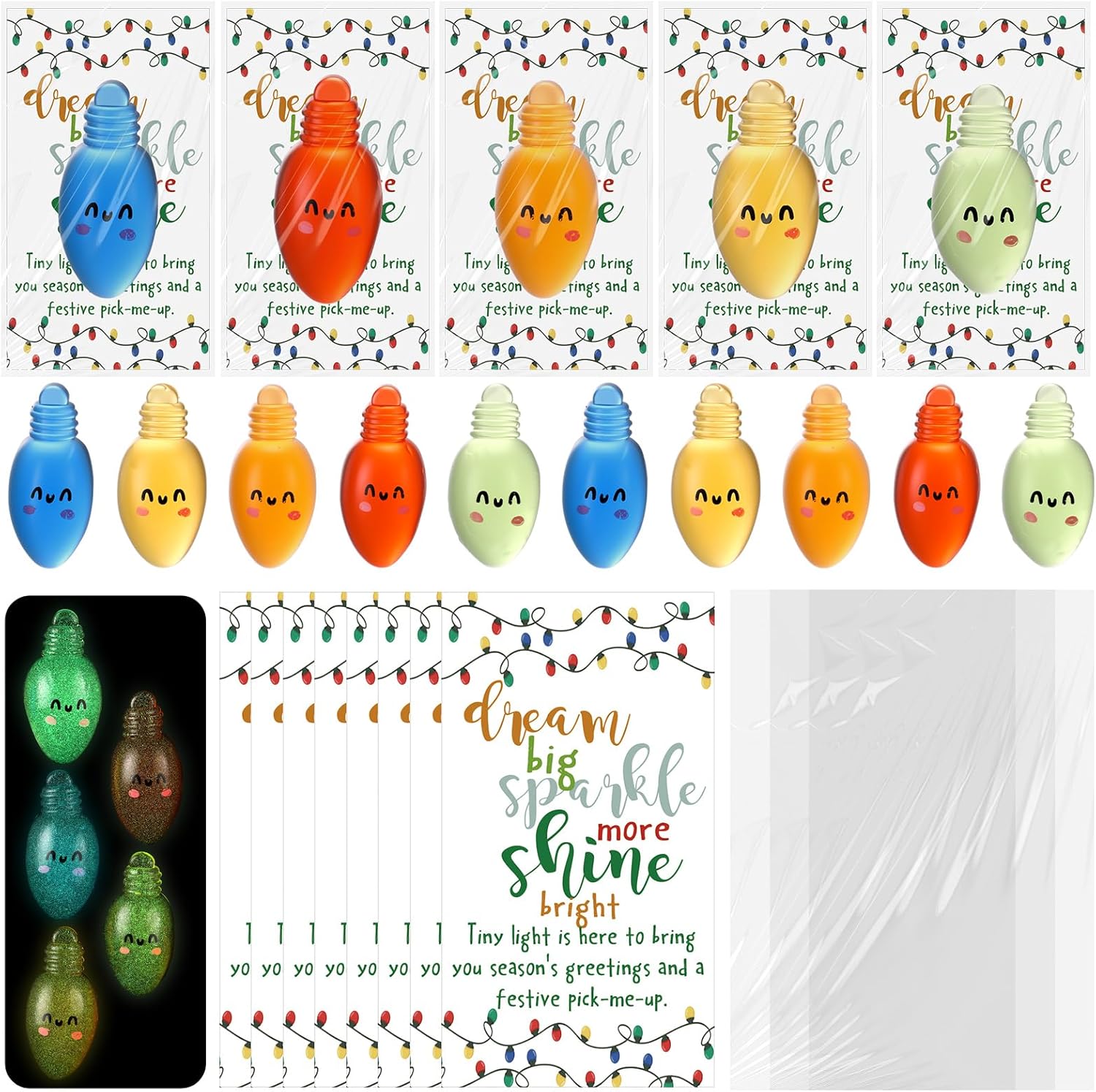 Wettarn 30 Sets Emotional Luminous Christmas Bulbs Stress Ball Gifts Bulk Office Christmas Appreciation Gifts Cute Squeeze Mini Stress Relief Ball Inspirational Cards for Coworker Employee Nurse Staff
