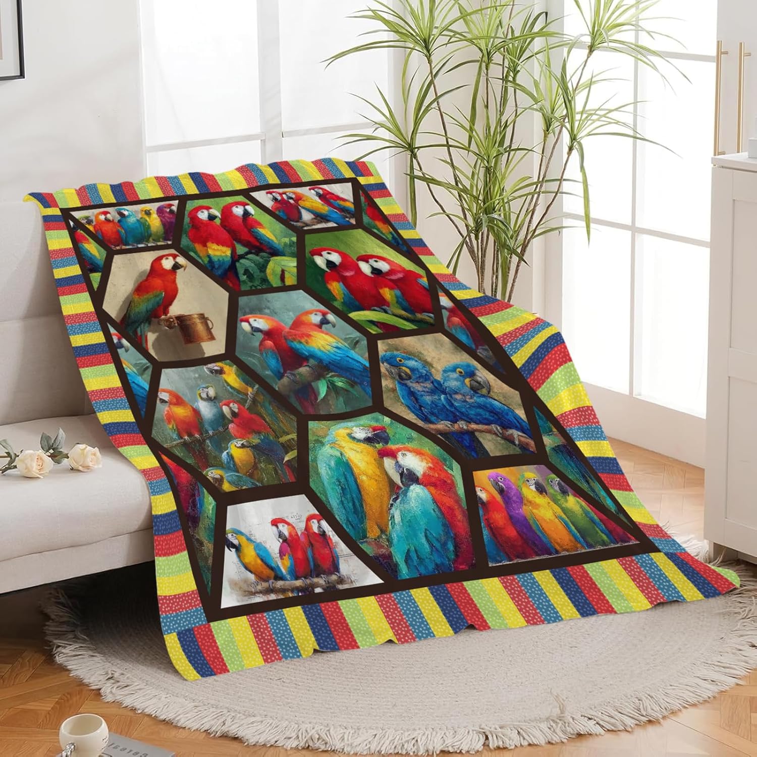 Parrot Bird Throw Blanket Macaw Stuff Gifts for Kids Girls Boys Adults Women Men Soft Cozy Warm Plush Fluffy Fuzzy Fleece Blanket Decor 50''X60''