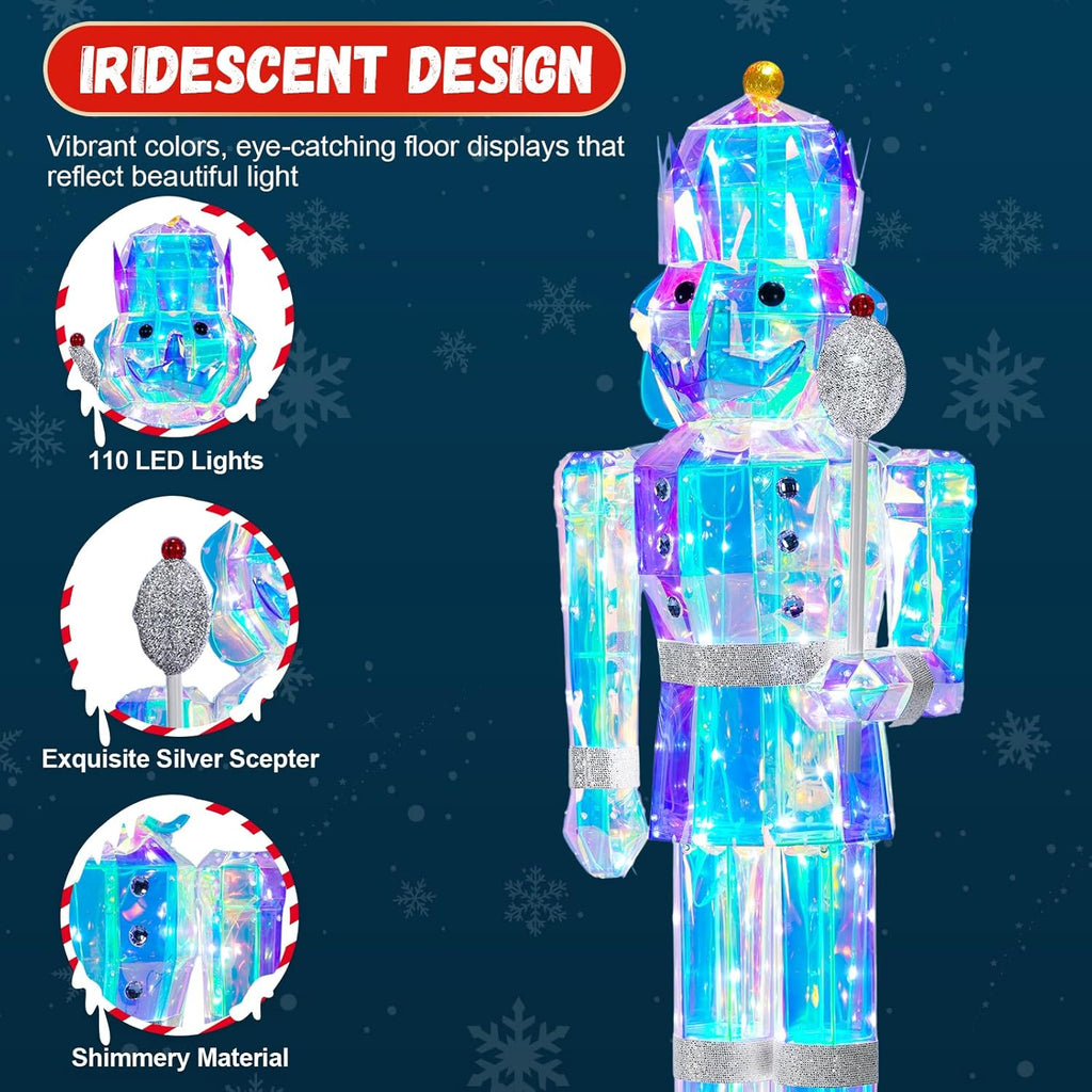 4FT Large Light-Up Giant Nutcracker Christmas Decor, Prismatic Iridescent Nutcracker Outdoor Soldier with 110 LED Pre-lit Lights, Plug-in Outdoor Nutcracker Decorations for Yard, Porch, Garden