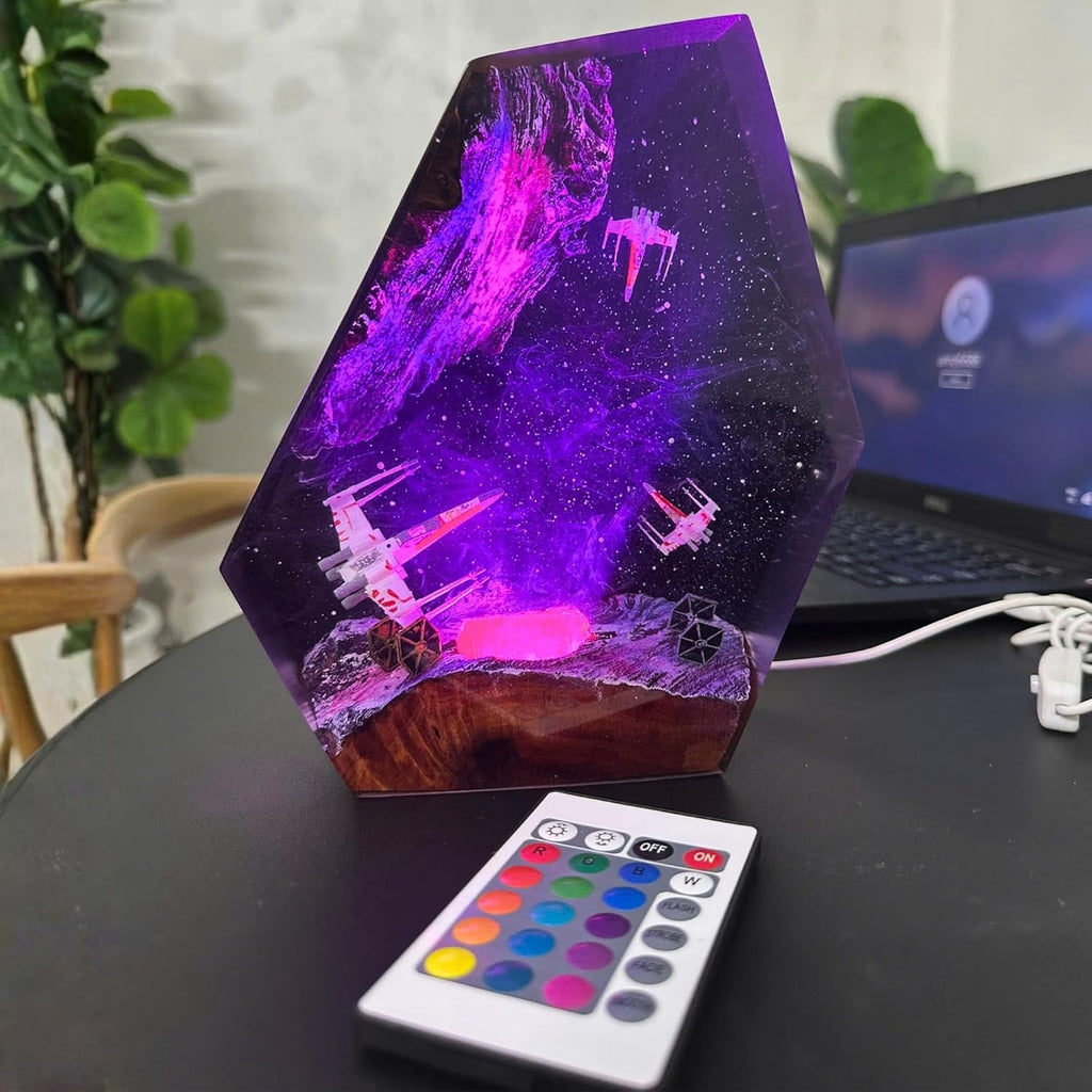 Galaxy Space Resin Lamp – Resin Art Night Light with 16 Color LED, USB Powered Desk Lamp with Wooden Base & Remote,Handmade Gift for Christmas, New Year