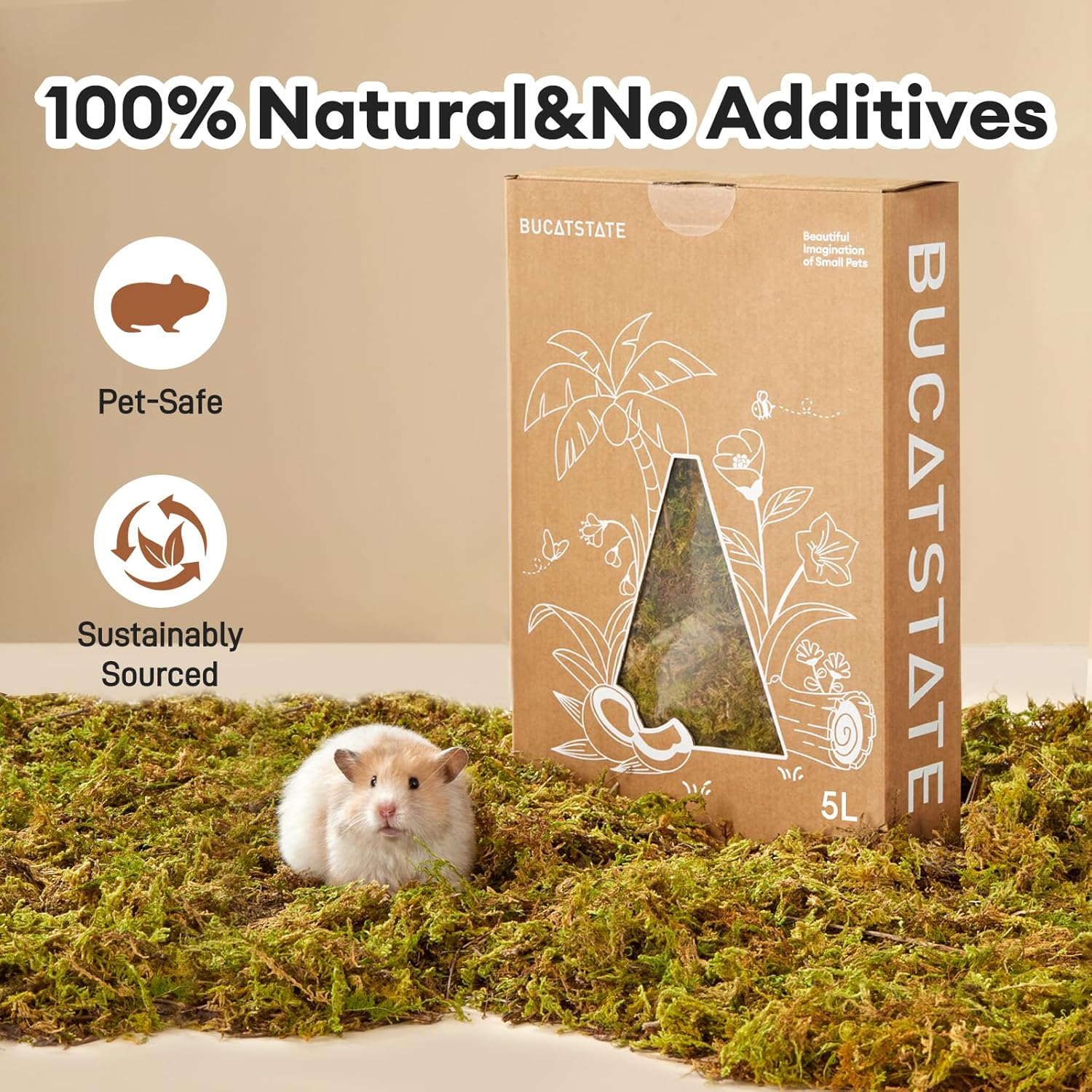 BUCATSTATE 5L Hamster Bedding, Natural Forest Moss Hamster Bedding Odor Control, Nature Hamsters Substrate Cage Accessories for Dwarf Syrian Hamsters, Mice, Gerbils (Dried Moss)