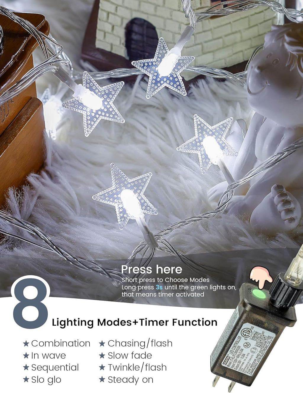 Star String Lights Plug in,33ft 100LED Star Christmas Lights with Remote and Timer, Fairy Lights Waterproof for Indoor Outdoor Bedroom Classroom Dorm Wedding Party Holiday Decor,White