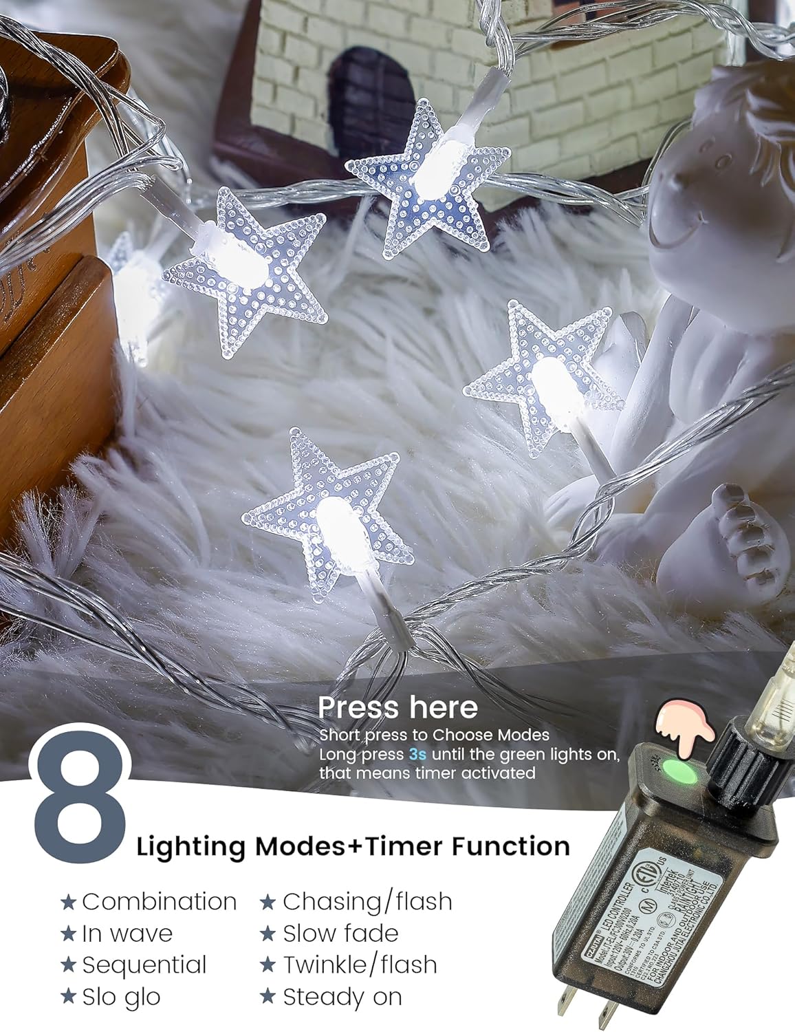 Star String Lights Plug in,33ft 100LED Star Christmas Lights with Remote and Timer, Fairy Lights Waterproof for Indoor Outdoor Bedroom Classroom Dorm Wedding Party Holiday Decor,White