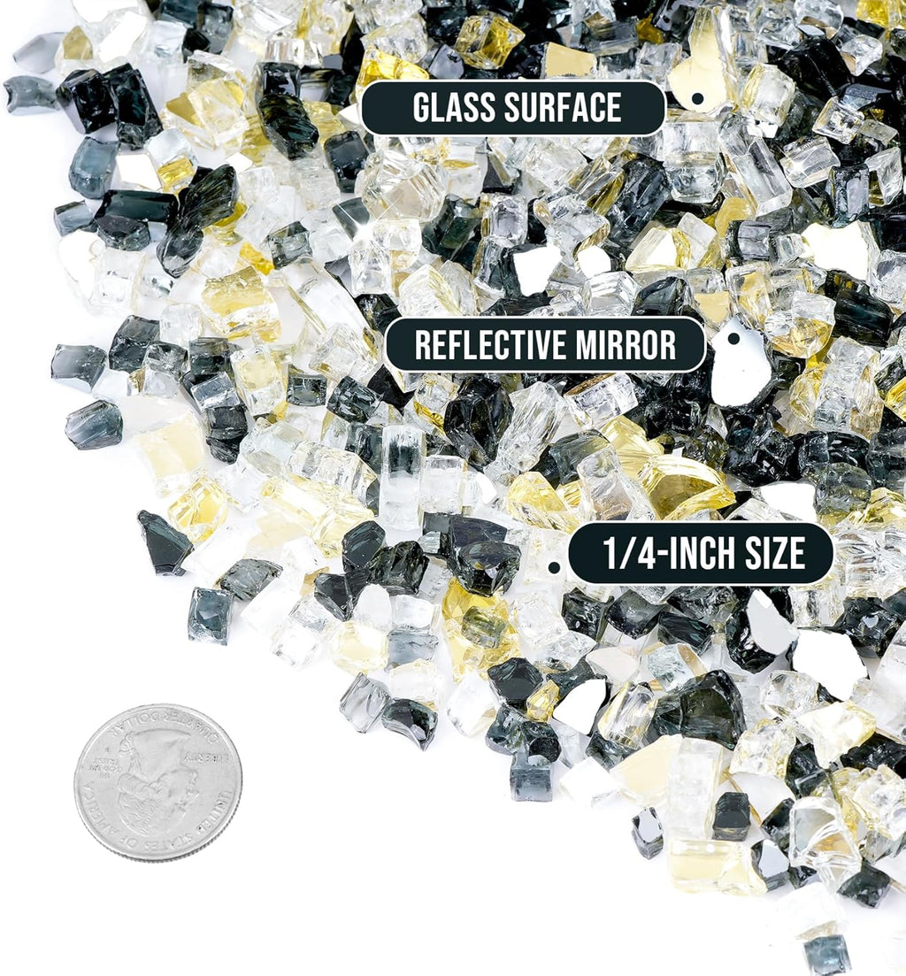 Skyflame 10-Pound Blended Fire Glass for Fire Pit Fireplace Landscaping - 1/4 Inch Reflective Tempered Fireglass Onyx Black, Platinum, Gold