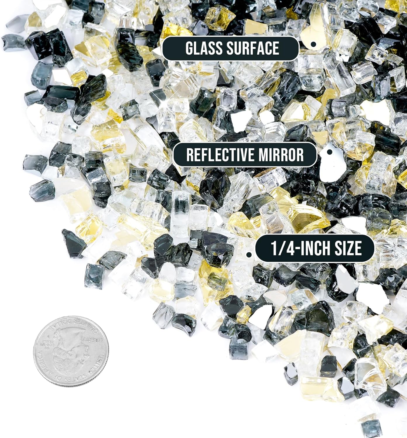 Skyflame 10-Pound Blended Fire Glass for Fire Pit Fireplace Landscaping - 1/4 Inch Reflective Tempered Fireglass Onyx Black, Platinum, Gold