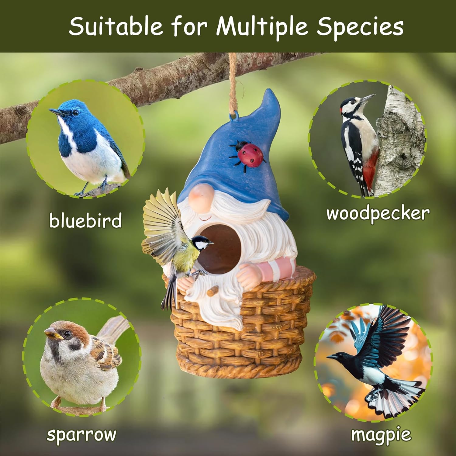 Topadorn Bird House Resin Decoratvie Birdhouse, Hanging Resin Garden Bird House Decoratvie Birdhouse, Blue