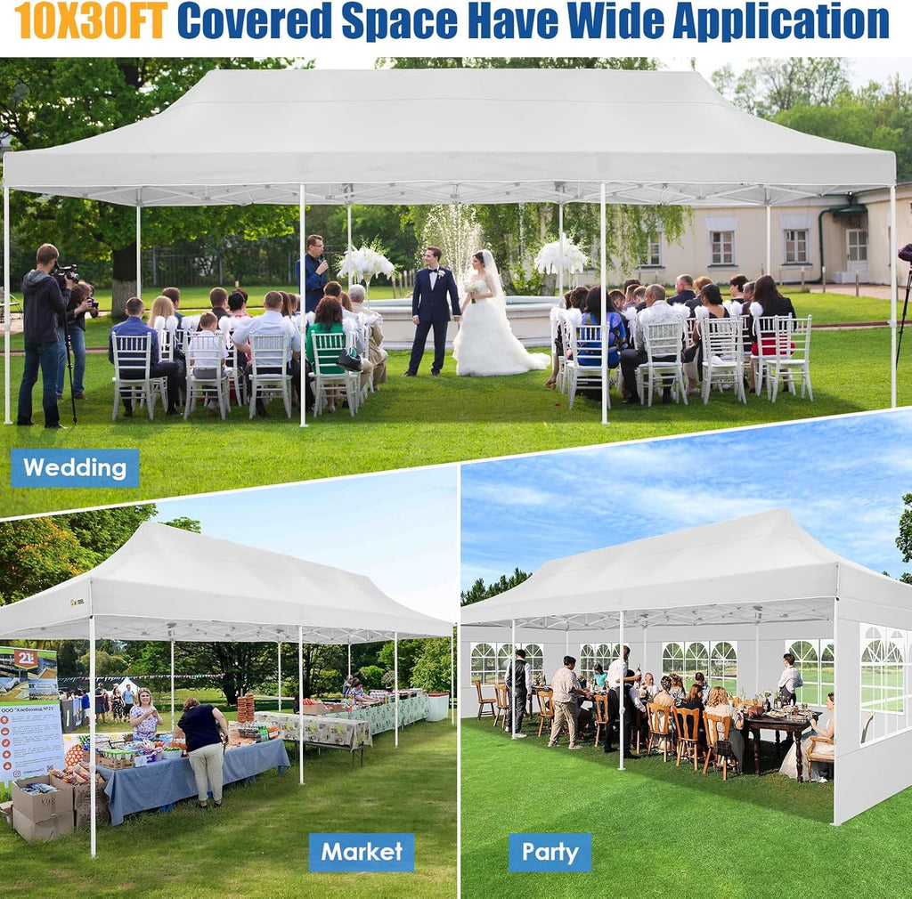 HOTEEL 10x30 Pop up Canopy Tent for Parties, Heavy Duty Easy Setup Tent with 8 Sidewalls, Outdoor Commercial Instant Gazebo for Wedding Event, with Portable Bag & Sand Bags, White(Hexagonal Frame)