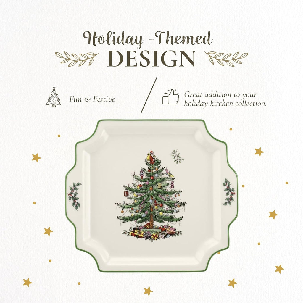 Spode Christmas Tree 12.5" Square Handled Serving Platter - Porcelain Serving Plate for Holiday Snacks, Appetizers, Buffet Displays - Microwave & Dishwasher Safe - Elegant Holiday Tableware