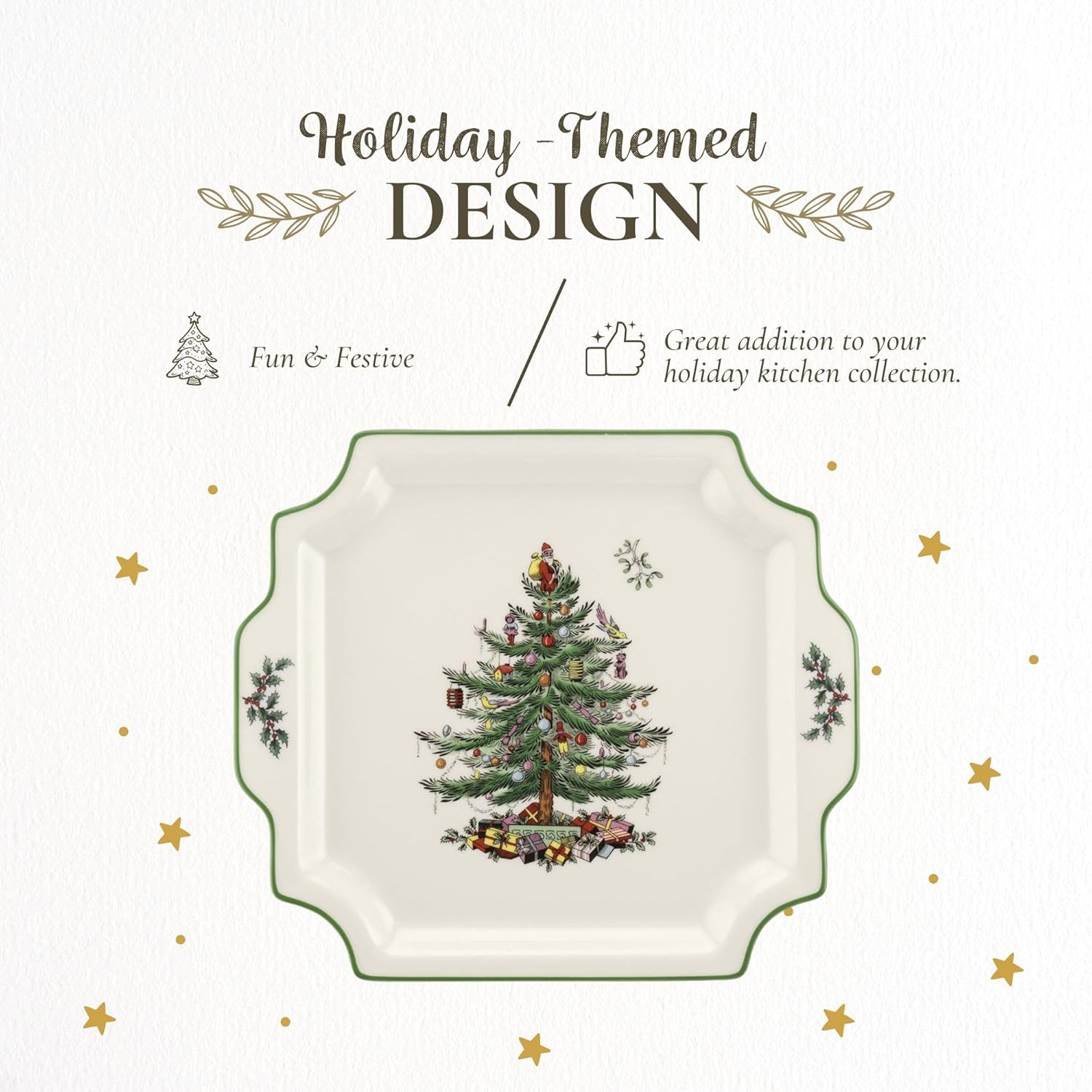 Spode Christmas Tree 12.5" Square Handled Serving Platter - Porcelain Serving Plate for Holiday Snacks, Appetizers, Buffet Displays - Microwave & Dishwasher Safe - Elegant Holiday Tableware
