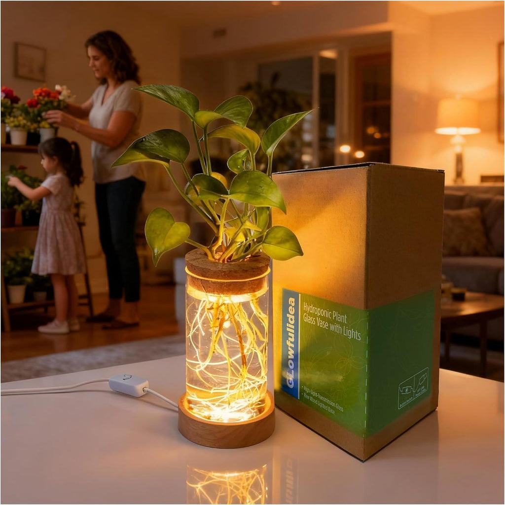 Plant Propagation Station with Lights, Glass Planter Station with Waterproof Lighted Wooden Base, Desktop Hydroponic Plants Terrarium with LED, Cylindrical Planter with Light for Home & Office Decor