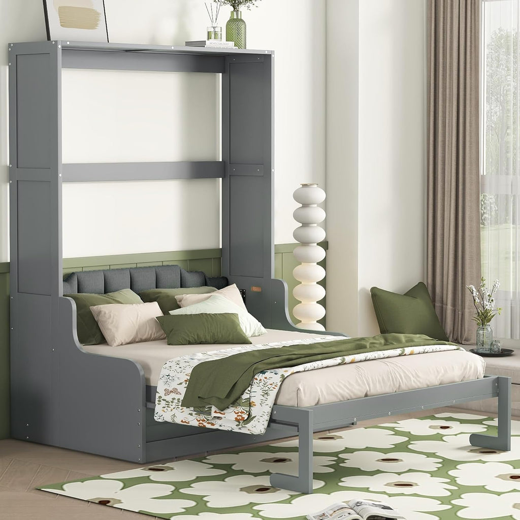 Merax Queen Size Murphy Bed Frame, Modern Wall Bed Can Be Folded into Cabinet, Chair with Cushion, Gray