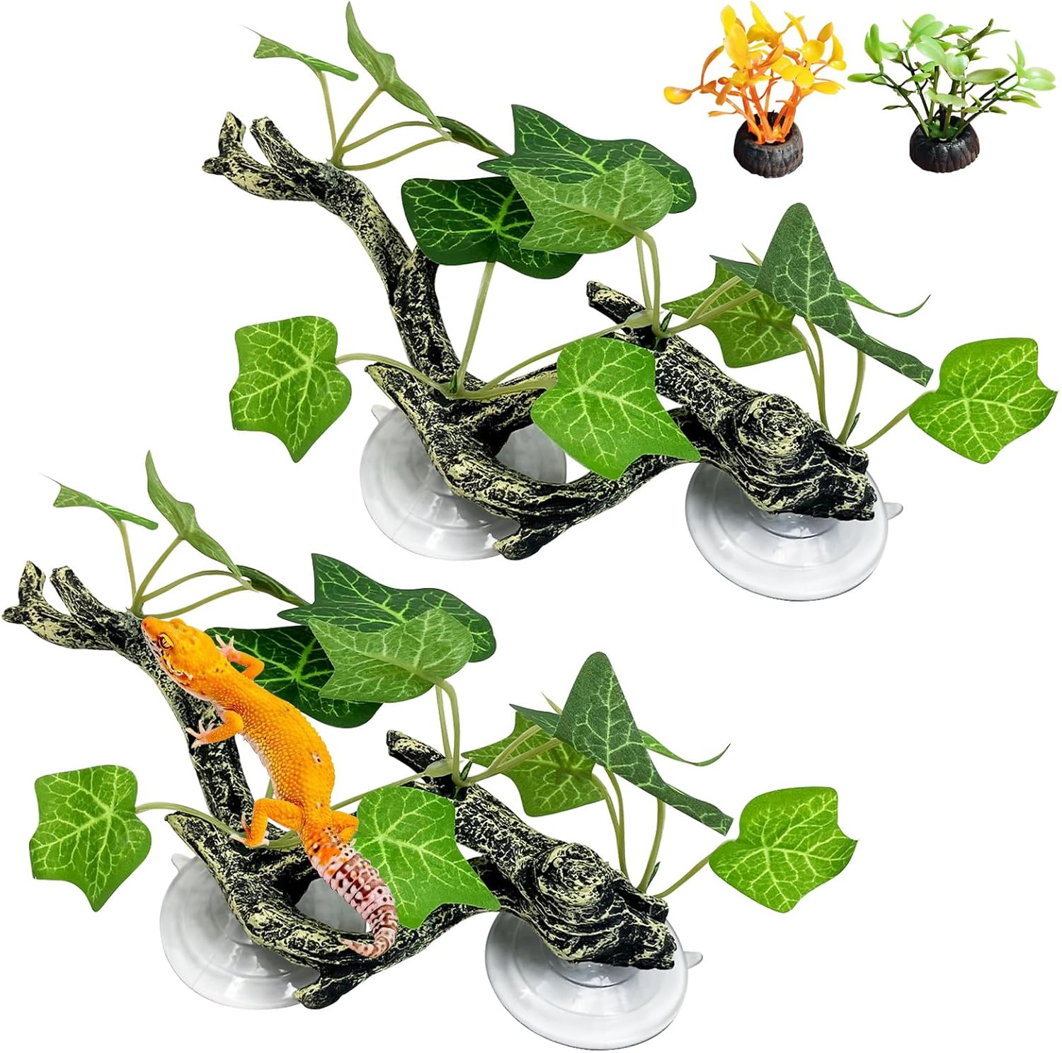kathson 4 PCS Reptile Corner Branch Resin Snake Climb Tree Branch Decor Reptile Branches for Climbing with Suction Cups Frog Terrarium Plants for Lizard Bearded Dragons Gecko