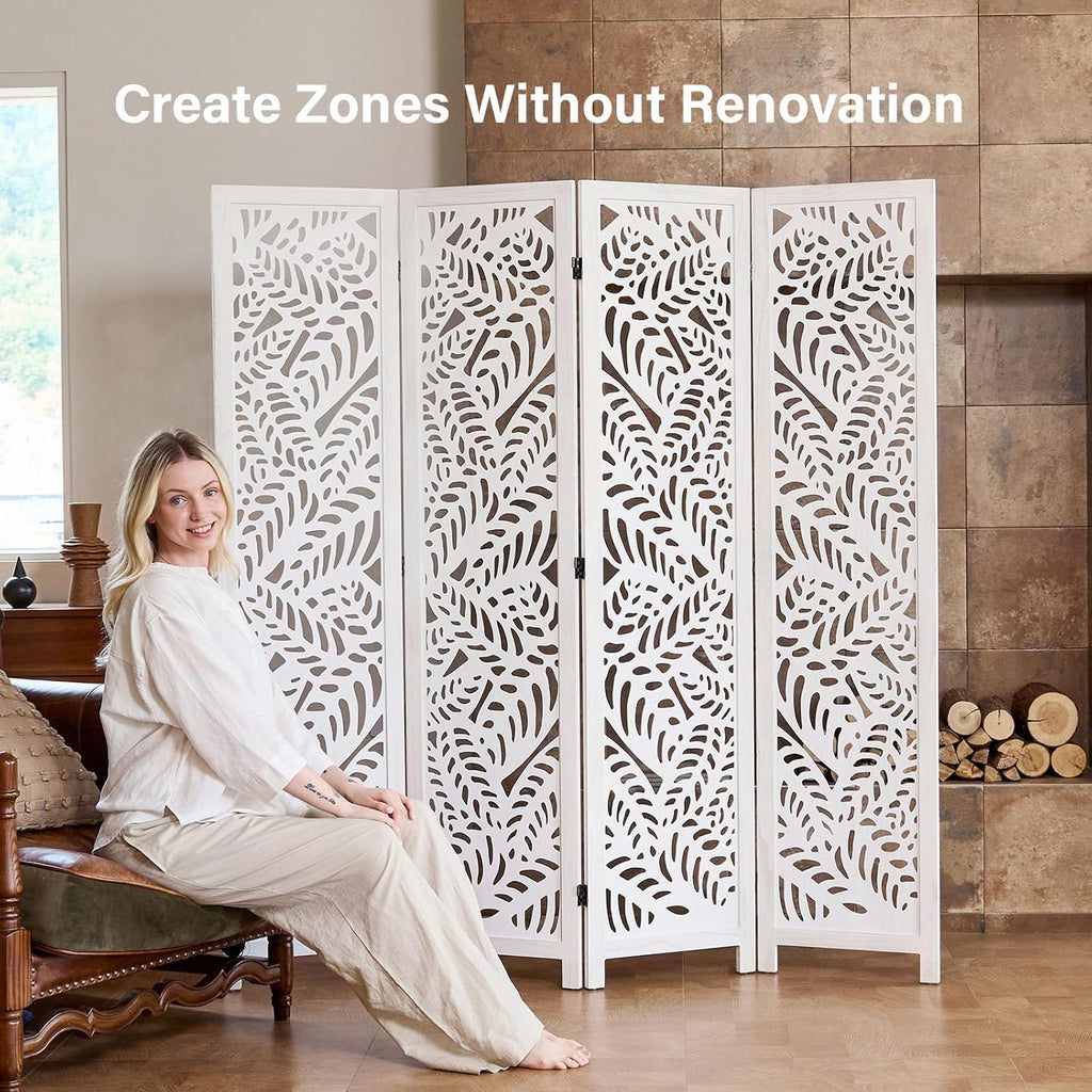 Leaf-Carved Room Divider Privacy Screen - 67 Inch Tall Foading Decorative Wood Screen Dividers Panel for Home - Natural Wood Room Partitions for Enhanced Privacy and Style White 4 Panel