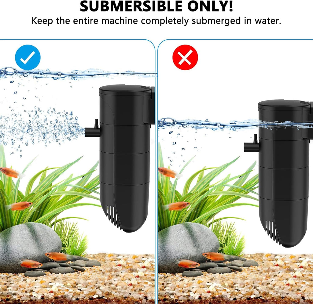 Submersible Aquarium Filter, 265GPH 4-Stage Fish Tank Filter Adjustable Air Flow Powerful Internal Filter for 40-60 Gallon Tank with Filtration Oxygenation Circulation (15W)