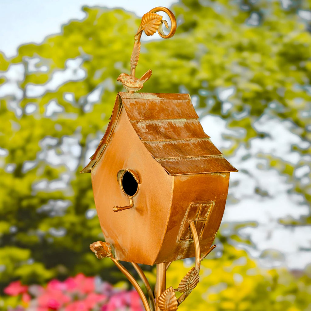 Copper Colored Fancy Design Birdhouse Garden Stakes (Curvy Acorn Shape)
