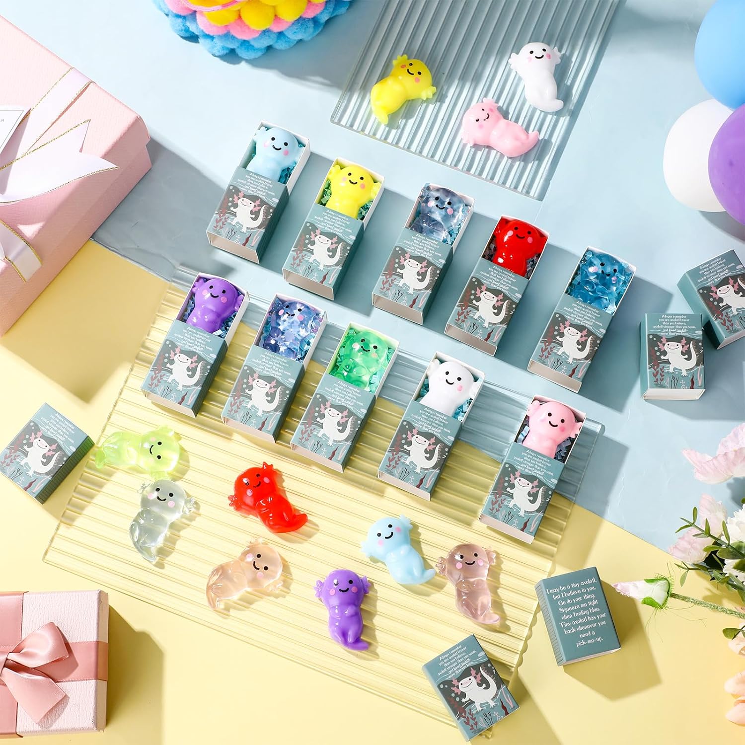 Wettarn 20 Sets Axolotl Positive Gifts Cute Stress Balls with Support Gift Boxes Inspirational Party Favors for Employee Coworker Friends Office Appreciation Relief Toys