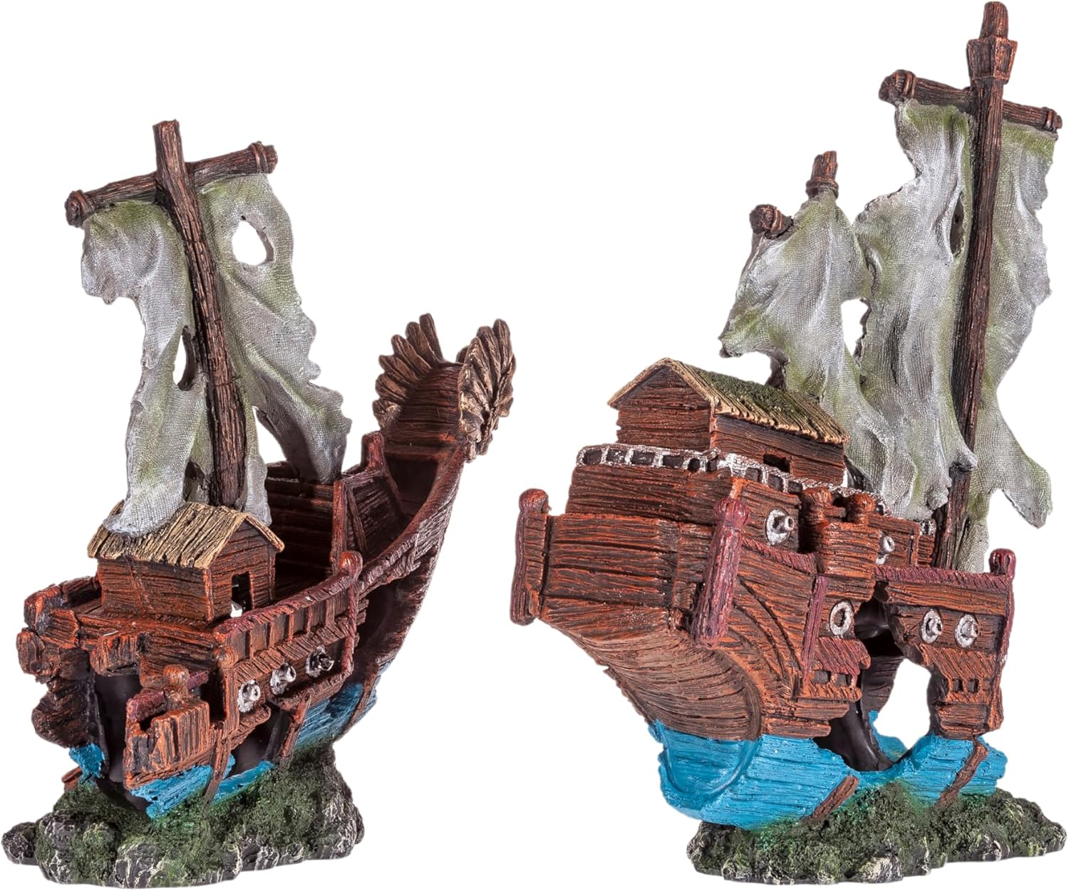 UNEAK - Small Pirate Shipwreck Aquarium Decorations Ornament w/Sail (2 Pieces) 5 Gallons and Larger Fish Tank, Sunken Ship Decoration Ornaments, Decorative Resin Boat for Freshwater Saltwater Decor