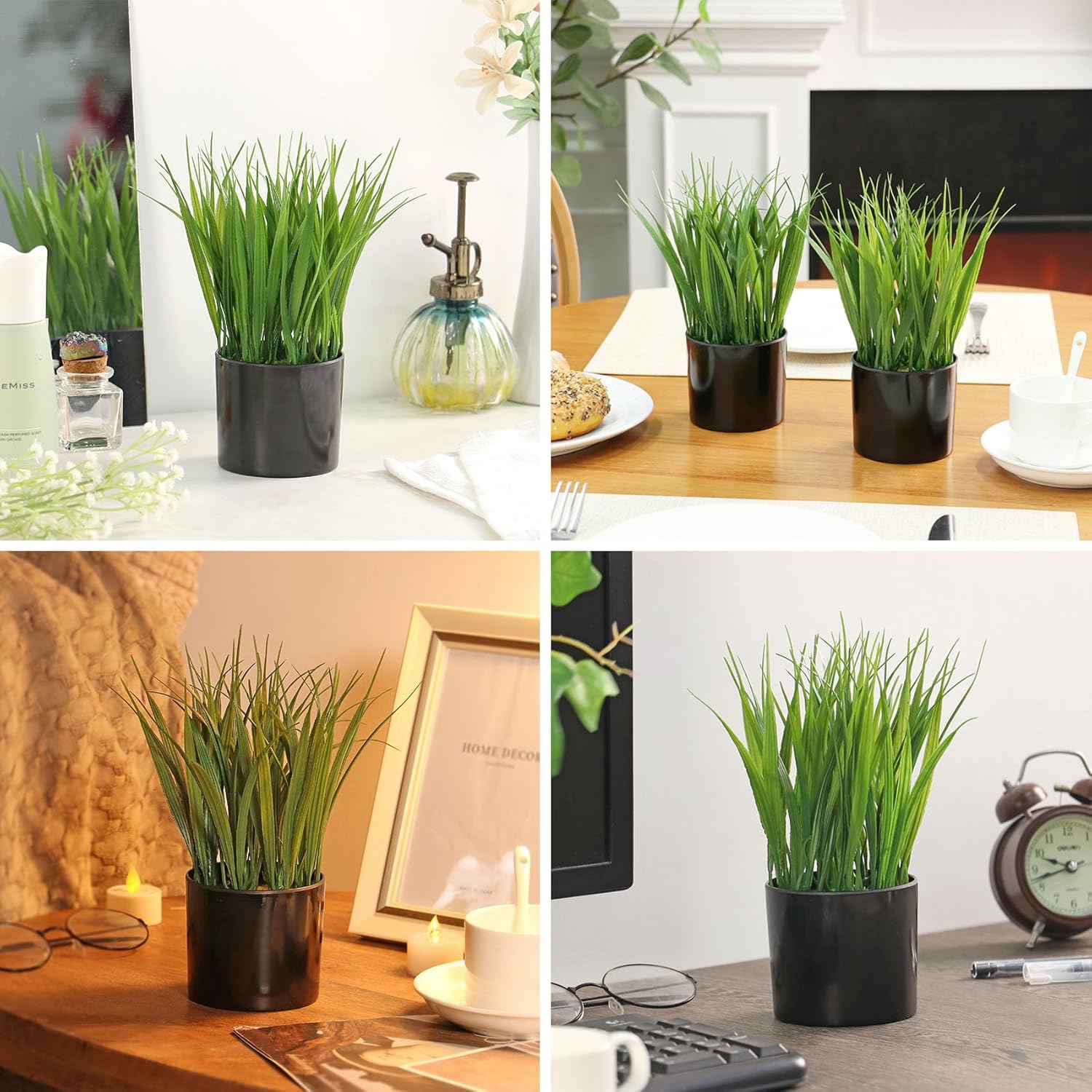 2 Pack Fake Plants Indoors Potted Wheat Grass Faxu Planta for Desk Table Shelf Decor, Artificial Greenery for Bathroom Office Kitchen Living Room Home Decoration