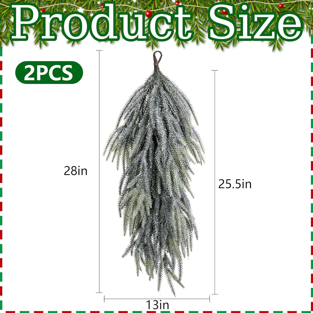 2 Pcs Artificial Christmas Snow Teardrop Swag, 28" Faux Glitter Snow Flocked Norfolk Pine Teardrop Door Swag, White Frosted Real Touch Pine Wreath Staircase Swags for Xmas Door Mantle Fireplace Decor
