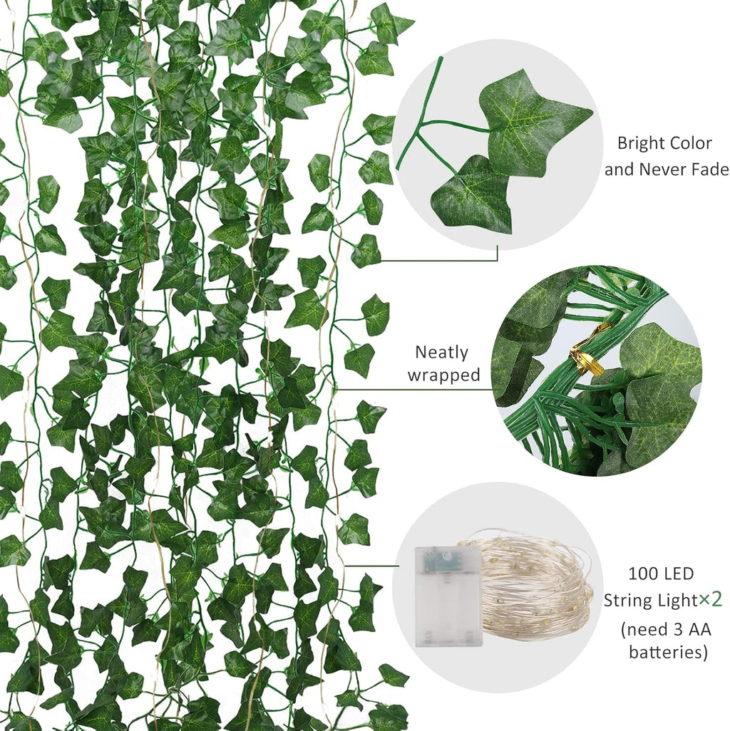 RECUTMS Ivy Fake Vines 24 Pack 173 FT Artificial Vine with 200 LED String Light Leaves Wall Decor Leaf Plants Greenery Garland Hanging Plant for Aesthetic Room Garden Office Wedding Decorations