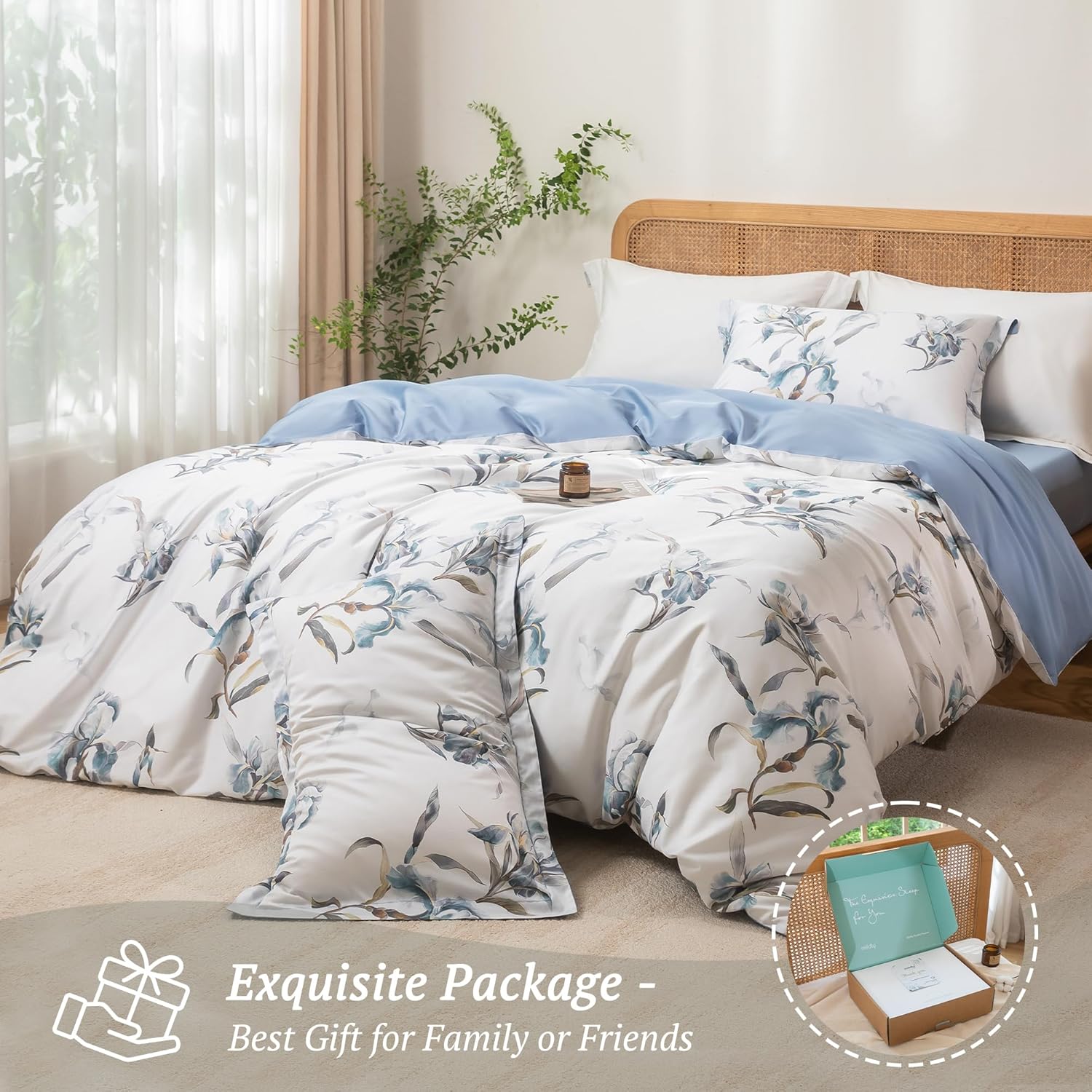 MILDLY Cal King Size Duvet Cover Set 100% Long-Staple Cotton Luxury White & Blue Floral Patten Reversible Comforter Cover Set 3Pcs
