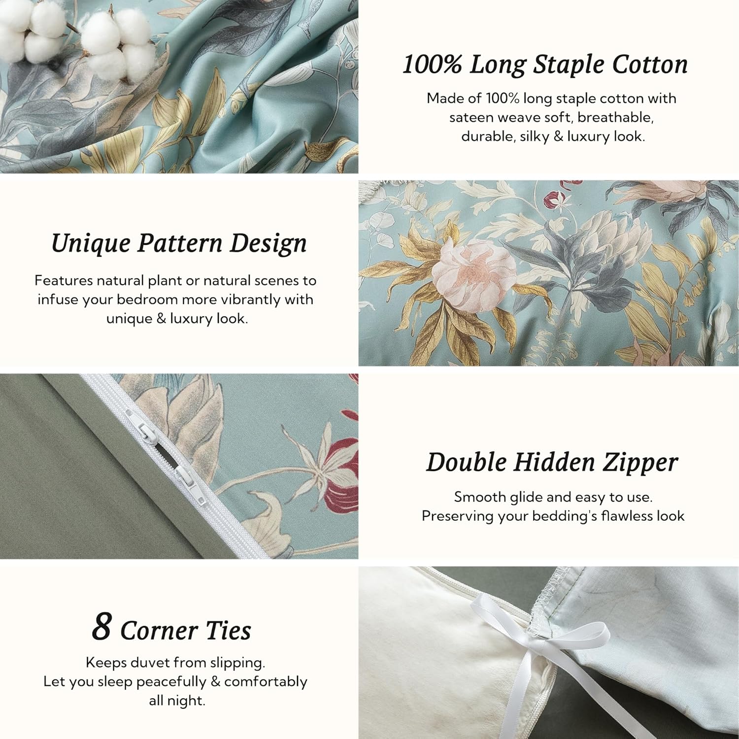 MILDLY Full Size Duvet Cover Set 100% Long-Staple Cotton Luxury Vintage Floral Patten Reversible Comforter Cover Set 3Pcs