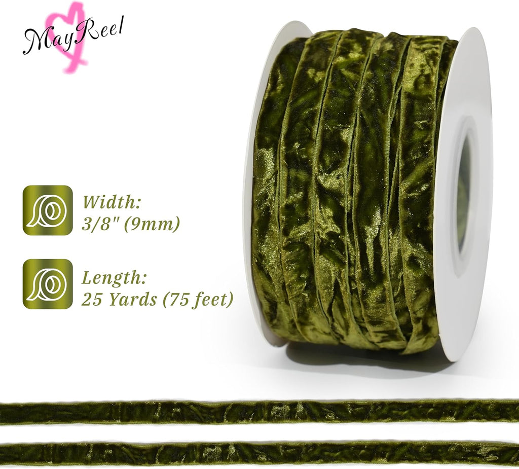 MAYREEL 3/8 Inch Moss Green Crushed Velvet Ribbon Olive Green Vintage for Flower Bouquet Gift Wrapping Wedding Invitations Crafts Christmas Decorations Party 25 Yards