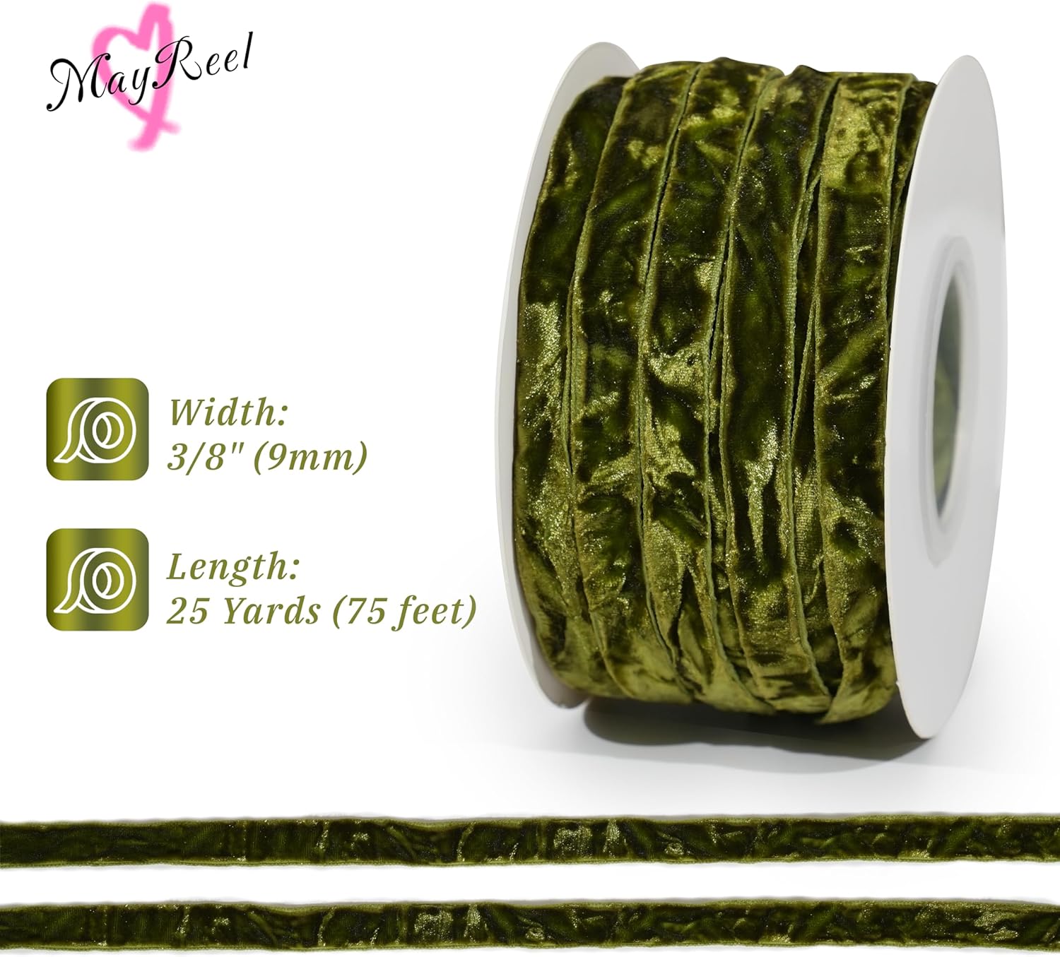 MAYREEL 3/8 Inch Moss Green Crushed Velvet Ribbon Olive Green Vintage for Flower Bouquet Gift Wrapping Wedding Invitations Crafts Christmas Decorations Party 25 Yards