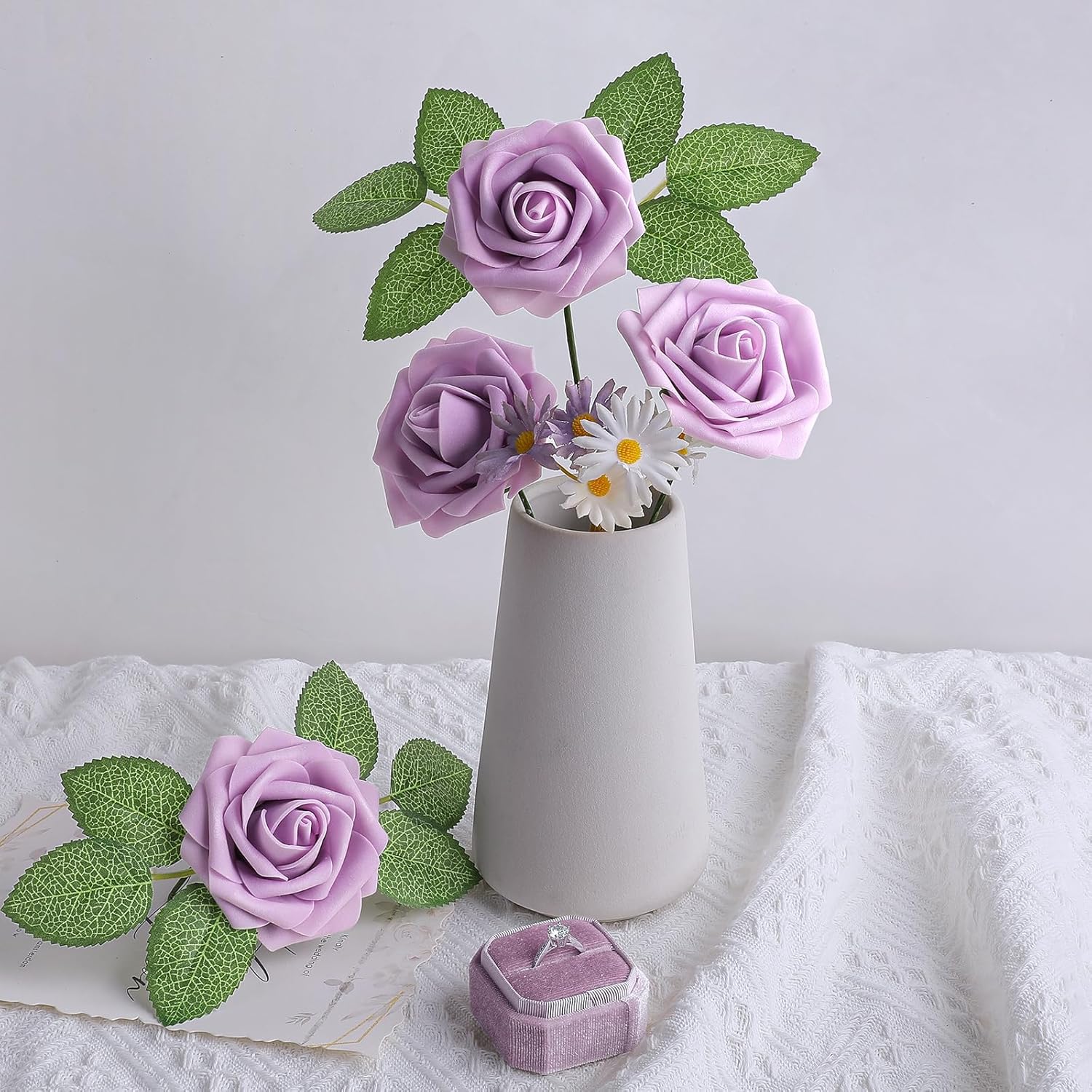 AmyHomie 25pcs Real Looking Artificial Lavender Roses w/Stem for DIY Wedding Bouquets Centerpieces Arrangements Party Baby Shower Valentines Day Christmas Tree Decorations