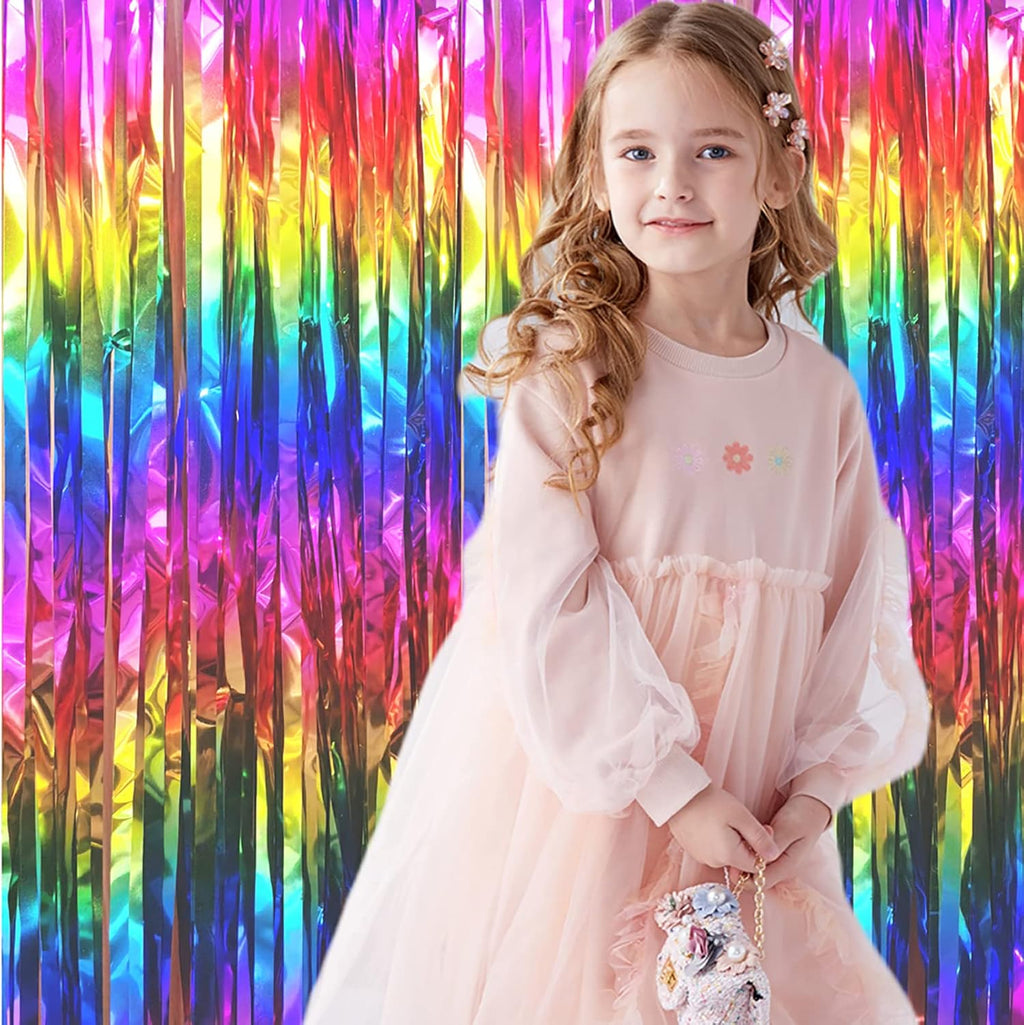 2 Packs Rainbow Party Decorations, Rainbow Foil Fringe Curtain Neon Backdrop Metallic Tinsel Photo Booth Props for Birthday Gay Pride Day Bachelorette Engagement Baby Shower Unicorn Disco Party Decor