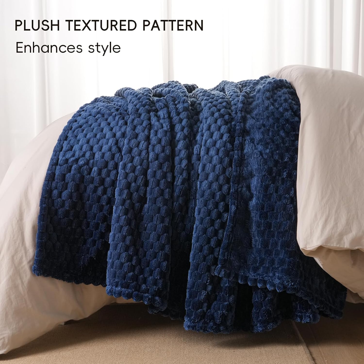 PHF Ultra Soft Flannel Fleece Blanket Twin Size, Lightweight 3D Jacquard Fleece Blanket, No Shedding, No Pilling, Luxury 340GSM Aesthetic Fluffy Cozy Bedding for Bed Room Decor, 66"x90", Navy Blue