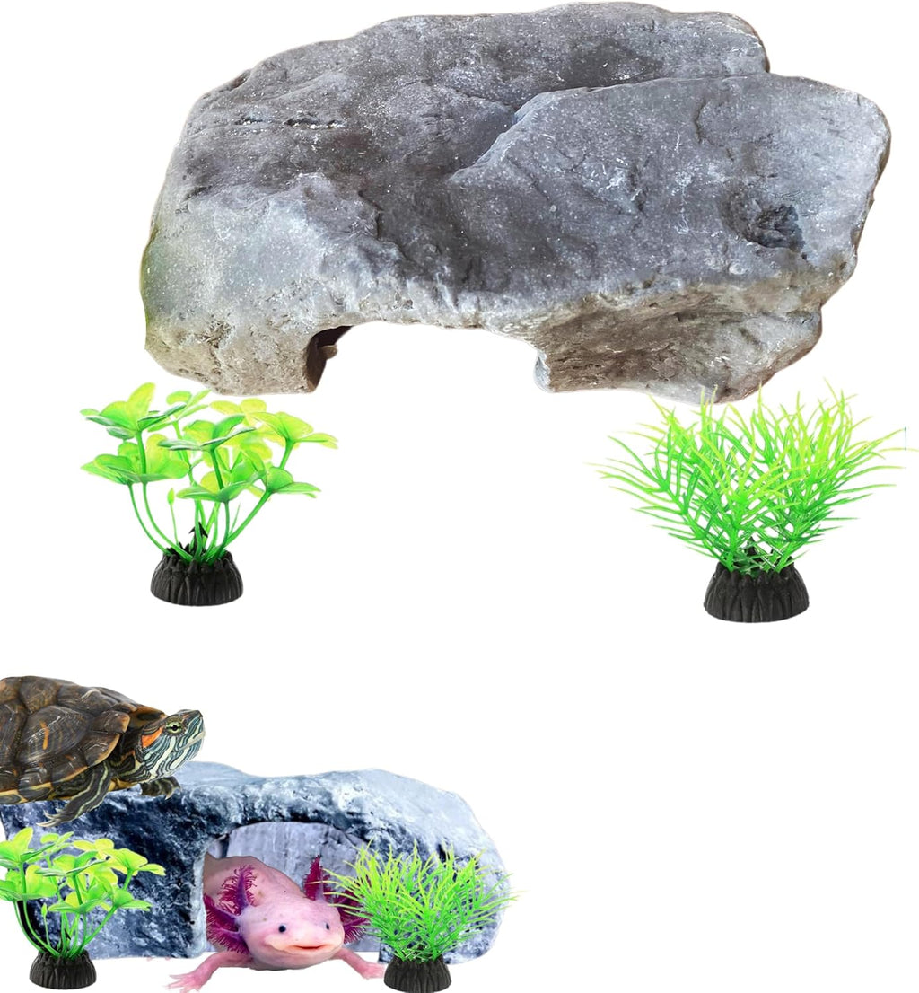 Axolotl Tank Accessories - Aquarium Tortoise Hideout, Hides and Fake Water Plants Set, Cave Plastic Tree, Turtle Hideout, Fish Tank Decor (Stone, M)