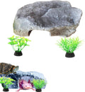Axolotl Tank Accessories - Aquarium Tortoise Hideout, Hides and Fake Water Plants Set, Cave Plastic Tree, Turtle Hideout, Fish Tank Decor (Stone, M)