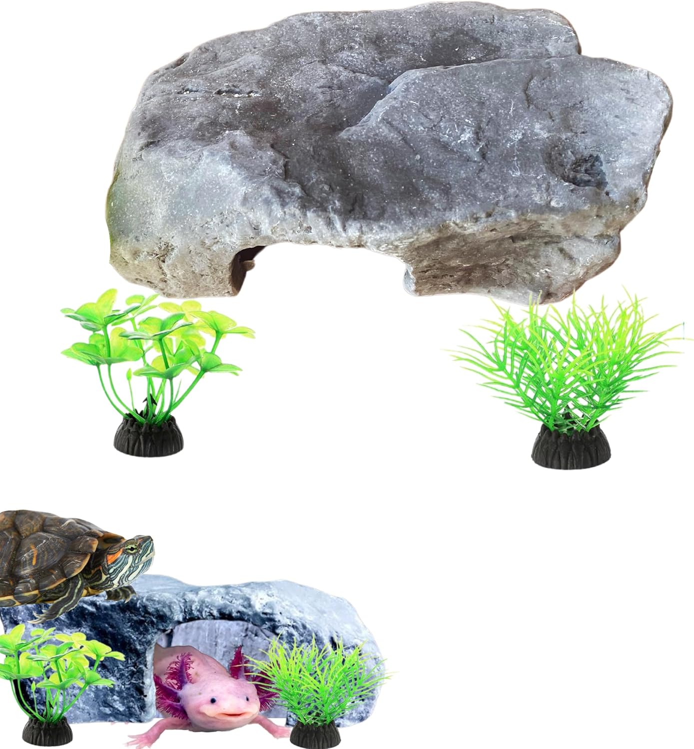 Axolotl Tank Accessories - Aquarium Tortoise Hideout, Hides and Fake Water Plants Set, Cave Plastic Tree, Turtle Hideout, Fish Tank Decor (Stone, M)