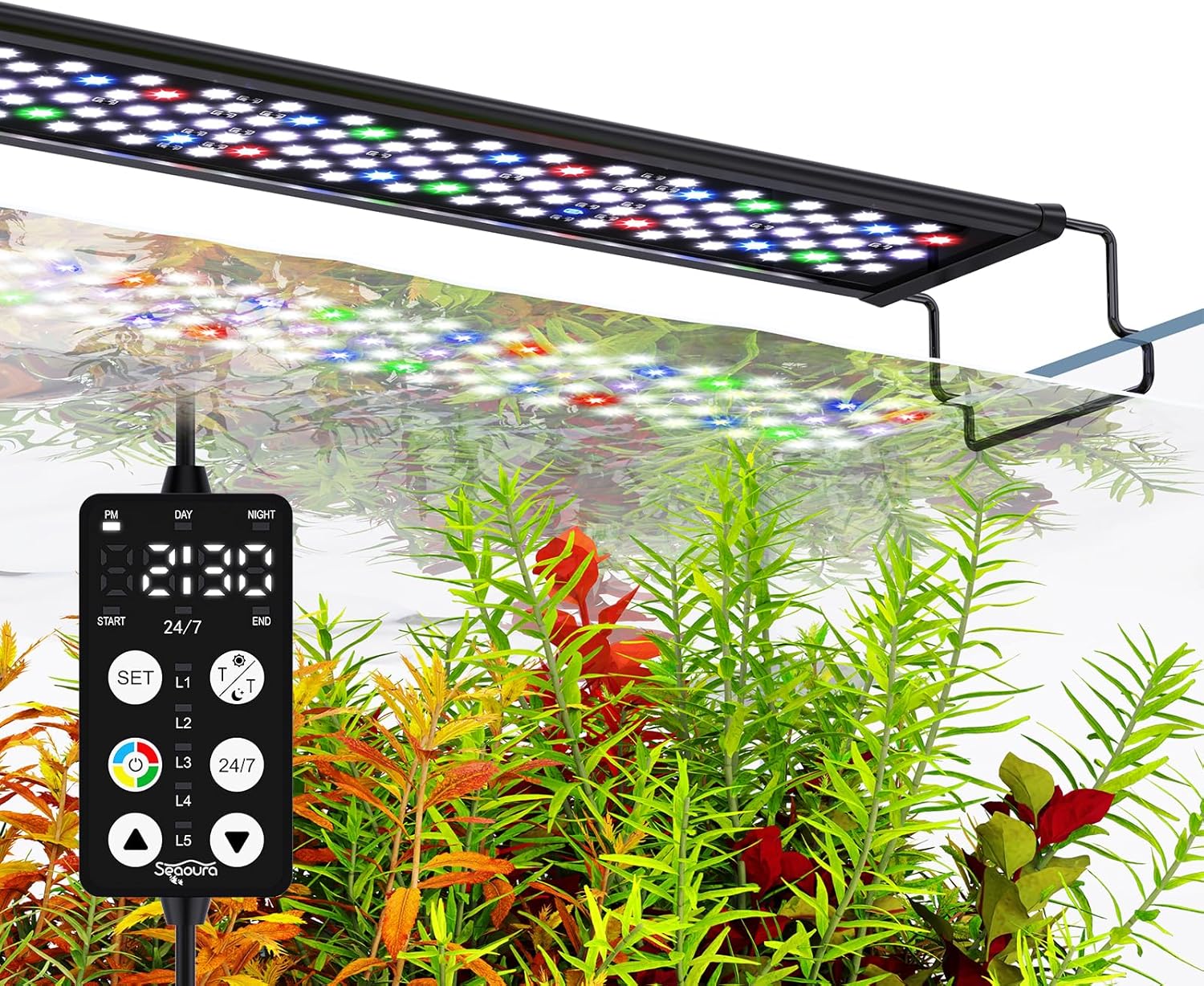 SEAOURA Aquarium Light for Fish Tank, 24/7 Custom Timer, Power-Off Memory, 7-Row LED 24-30in Full Spectrum Fish Tank Lights, 8 Colors, 20 Brightness, Day&Night Cycle, Adjustable Mount for Freshwater