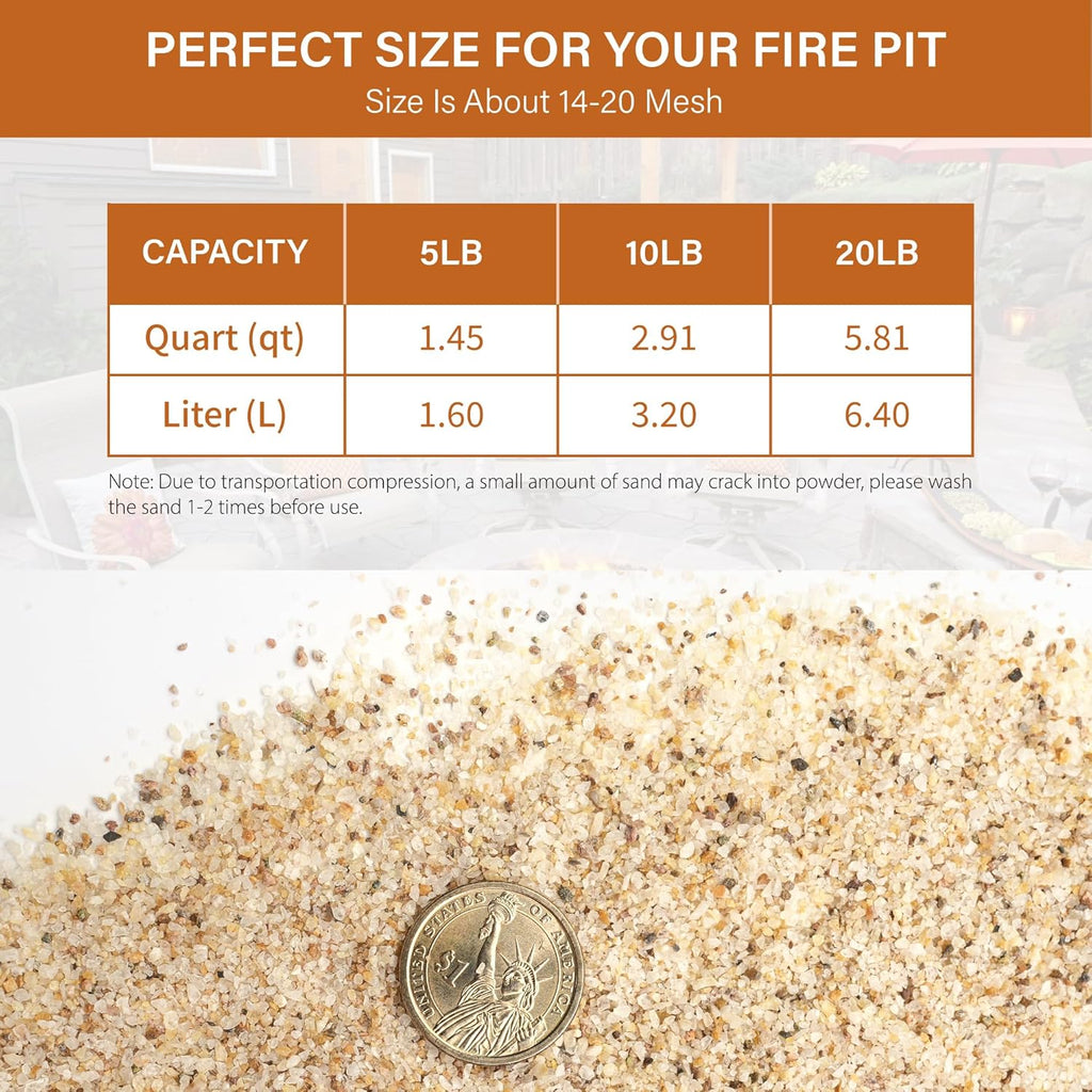 NUPICK 14-20 Mesh Silica Sand for Fire Pit, 20lb Coarse Sand for Fireplaces, Decorative Sand for Gas or Propane, Heatproof Base Layer Under Fire Glass, Lava Rocks, Wood, Garden, Vase Filler, Aquarium