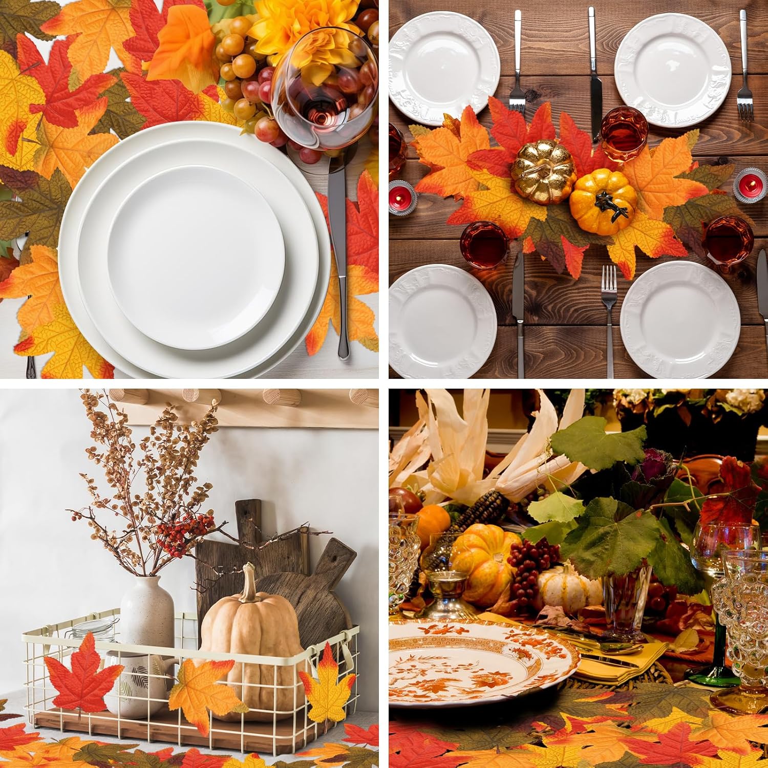 60PCS 4Kinds Fall Artificial Maple Leaves Large Size Autumn Leaf Faux Fall Maple Leaves Thanksgiving Autumn Leaf Home Office Wedding Party Table Decors