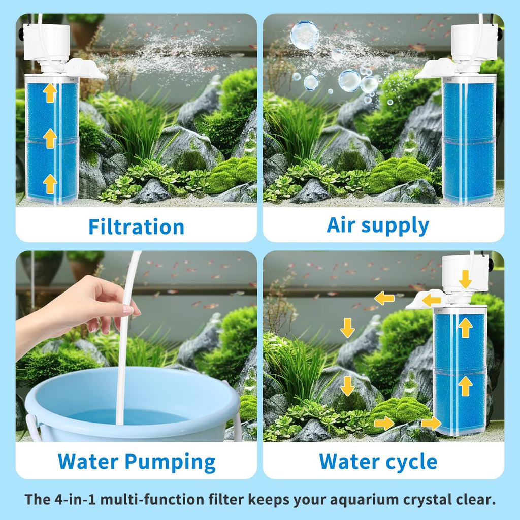 Fish Tank Filters for 10-40 Gallon Tanks, Submersible Aquarium Filter with Filtration, Oxygenation, Wavemaker, Circulation 4-in-1, Powerful Aquarium Filter for Fresh/Saltwater Tank
