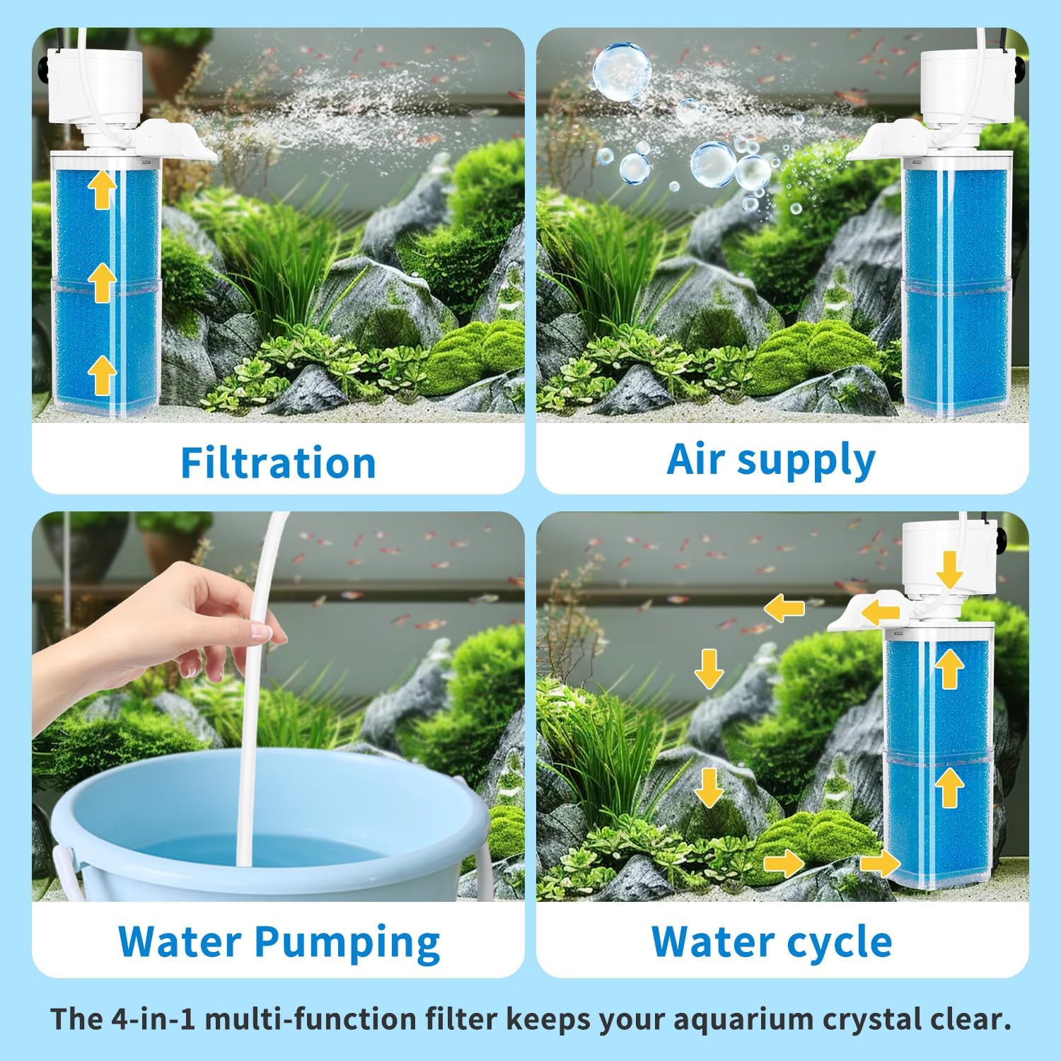 Fish Tank Filters for 10-40 Gallon Tanks, Submersible Aquarium Filter with Filtration, Oxygenation, Wavemaker, Circulation 4-in-1, Powerful Aquarium Filter for Fresh/Saltwater Tank