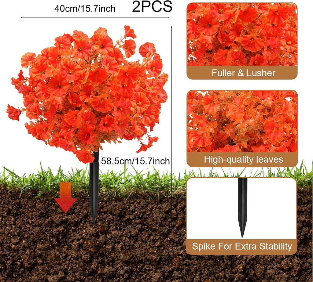 2 Bundles Artificial Eucalyptus Morning Glories with Ground Spikes,21.65 Inch Artificial Fall Flowers Faux Mums, UV Resistant Faux Shrubs Fake Mums for Outdoor Garden Fall Decor(Orange)