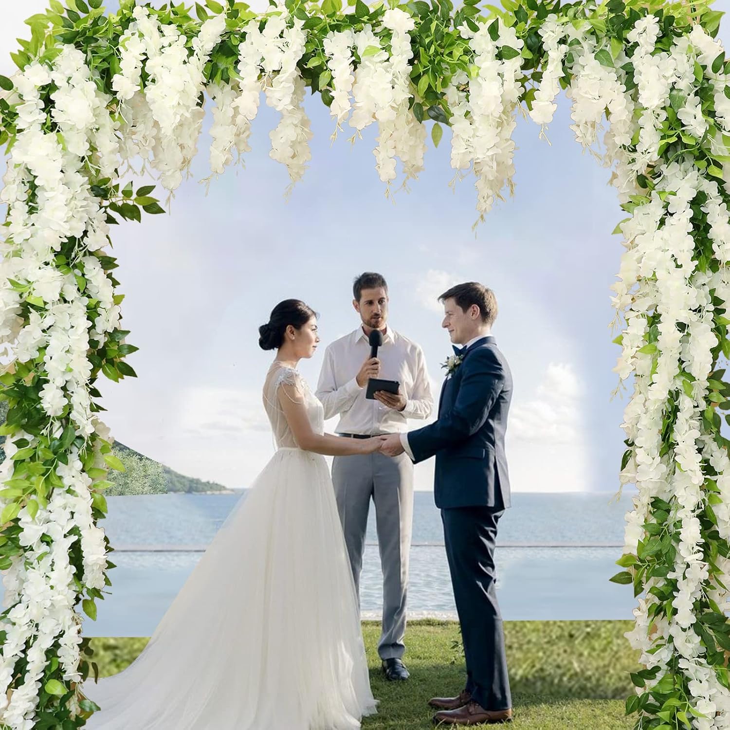Wisteria Artificial Flowers Garland, 4Pcs 7.2Ft/Piece Silk Fake Wisteria Vine Kit, Hanging Flower for House Outdoor Garden Ceremony Outside Wedding Arch Floral Decor (4, White)