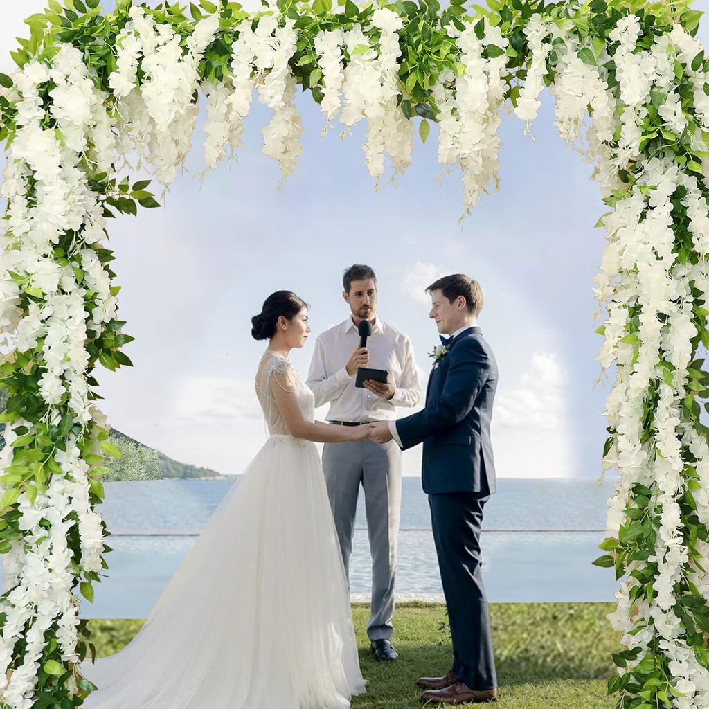 Wisteria Artificial Flowers Garland, 2Pcs 7.2Ft/Piece Silk Fake Wisteria Vine Kit, Hanging Flower for House Outdoor Garden Ceremony Outside Wedding Arch Floral Decor (2, White)