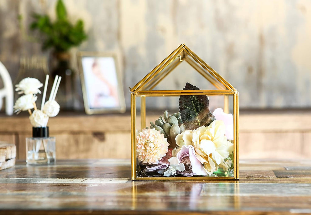 House Shape Close Glass Geometric Terrarium Tabletop Succulent Plant House Garden Planter Moss Fern Swing Lid, Flower Pot for Plants Succulent, Air Plant (Gold)