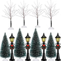 Couome Christmas Village Decor Set, 12 Pieces Including Mini Trees and Street Lamps, Ideal for Displays